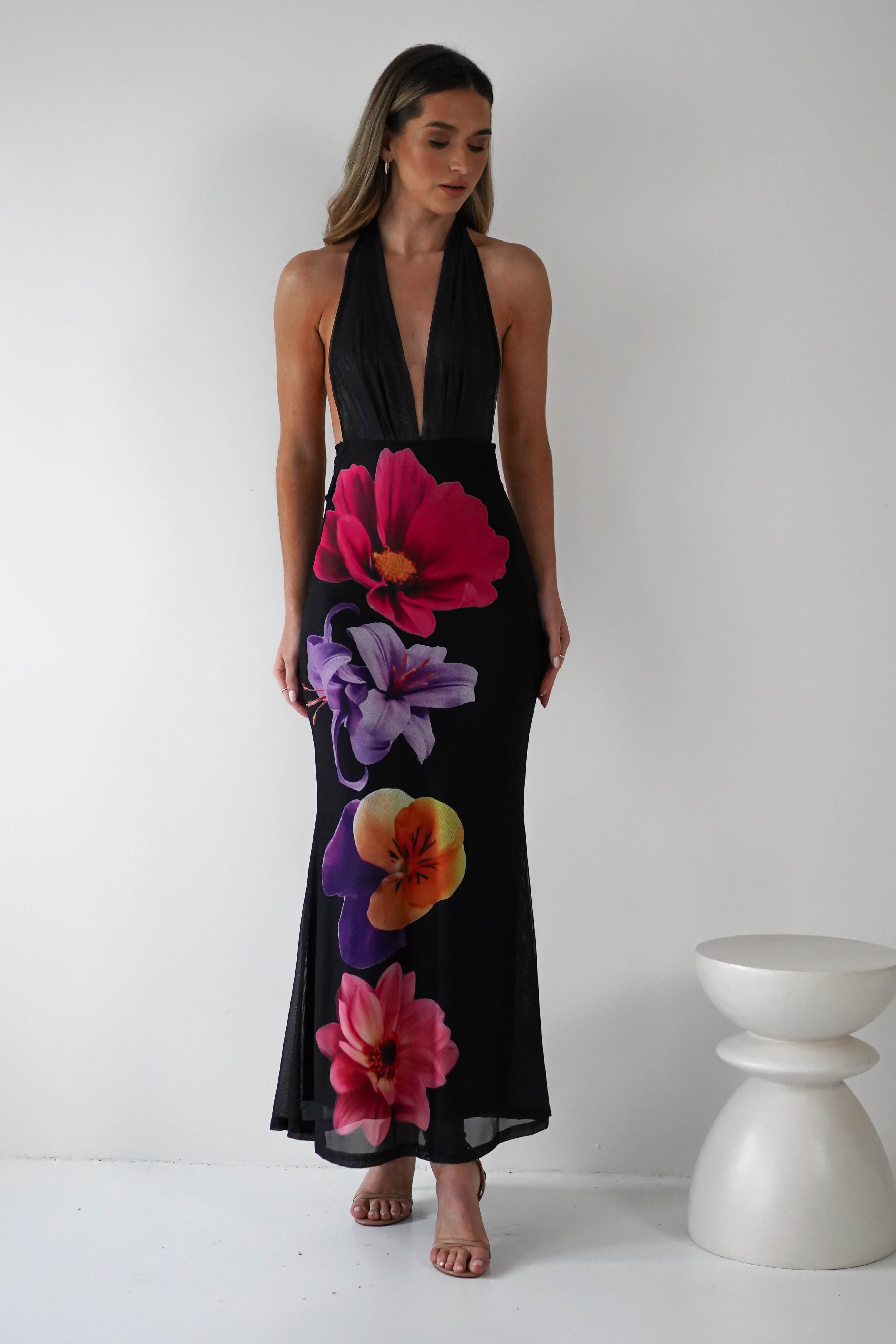Elanor Floral Print Mesh Maxi Dress | Black | Oh Hello Clothing | XS (6)