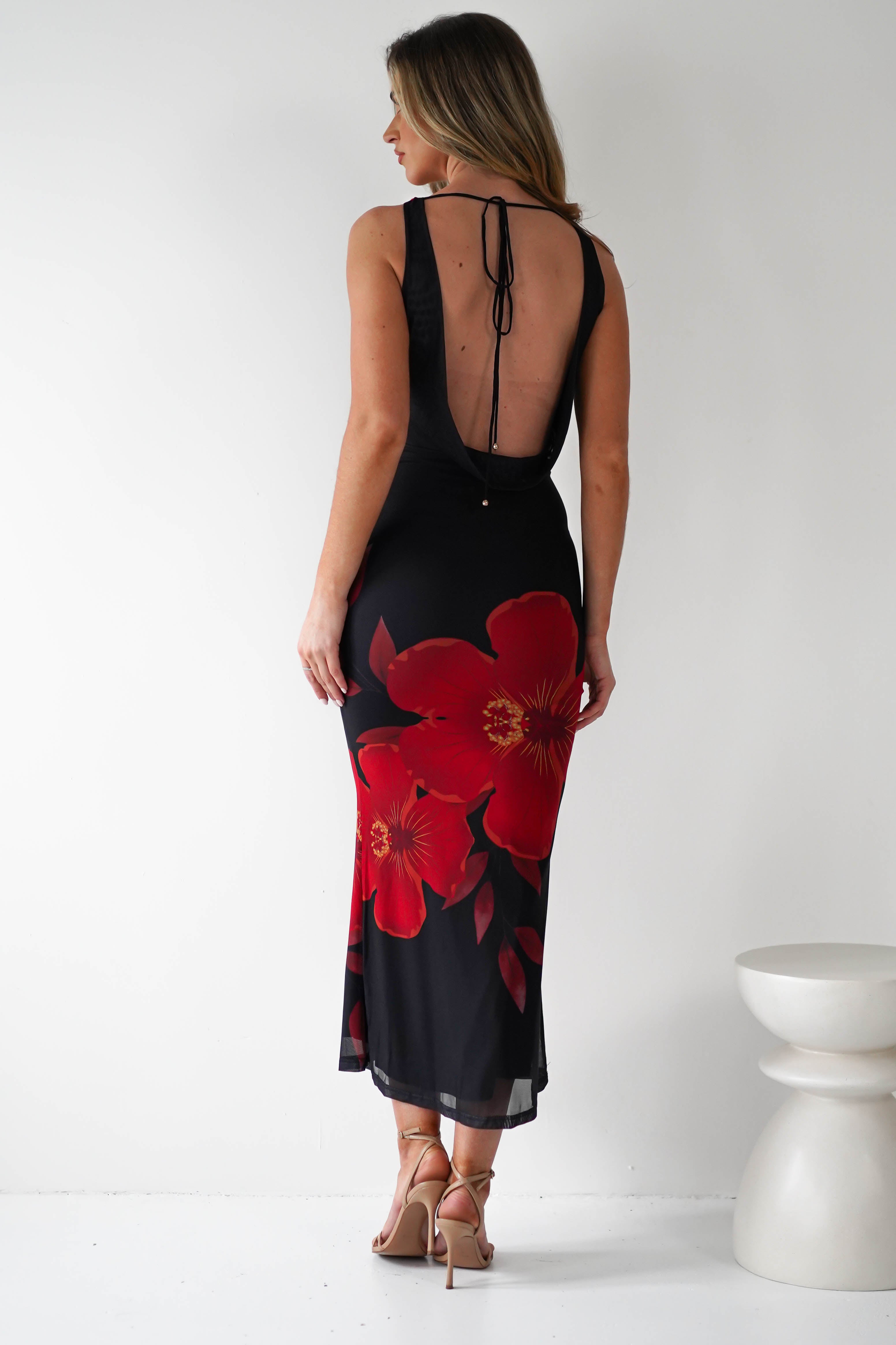 Meadow Mesh Maxi Dress | Black/Red | Oh Hello Clothing | XS (6)