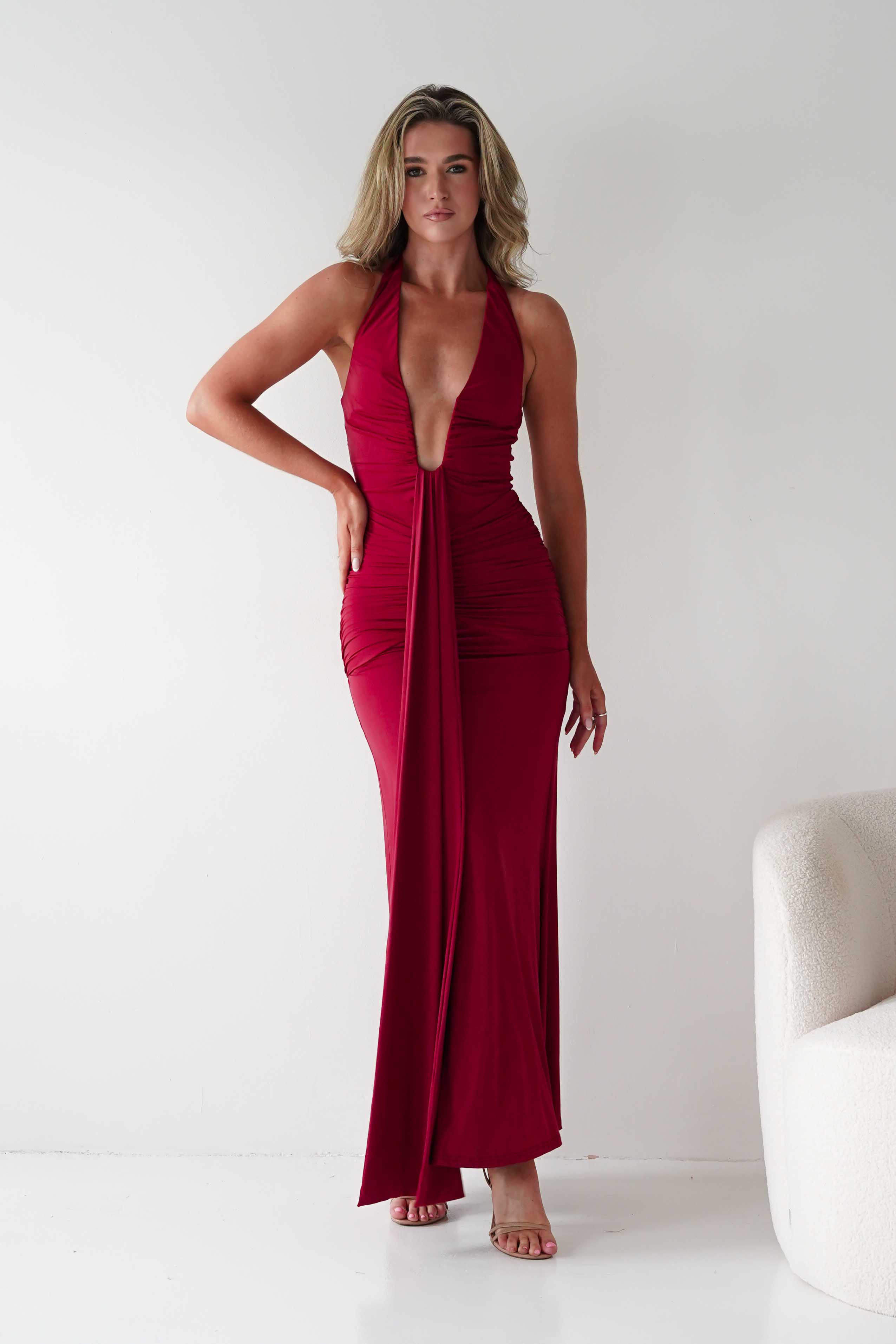 LUXXEL Dresses 1*DONE -LUXXELL-LD12070 RED HALTER NECK DRESS