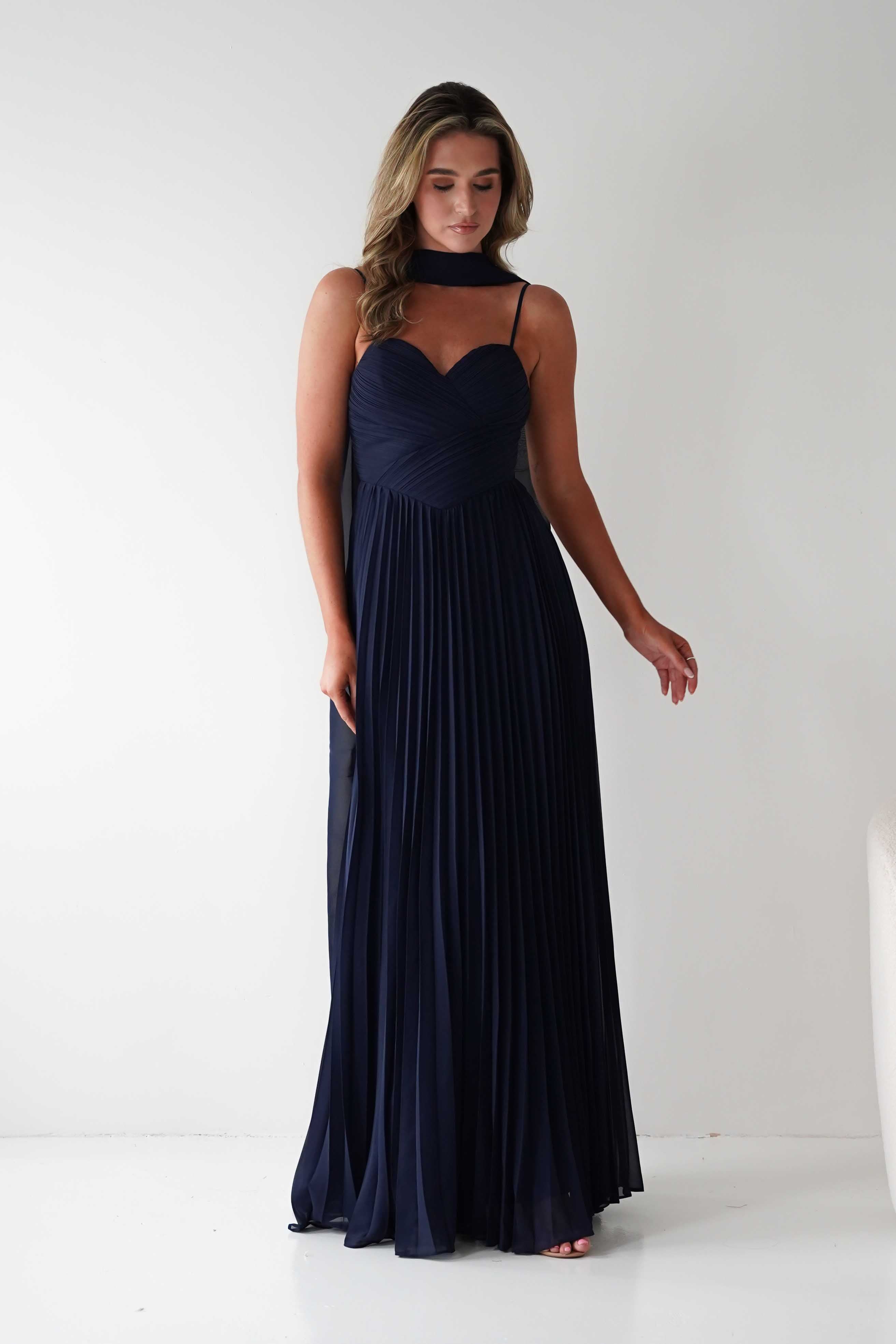 MANIJU Dresses 1*DONE - MANIJU- MF25100-NAVY PLEATED GOWN