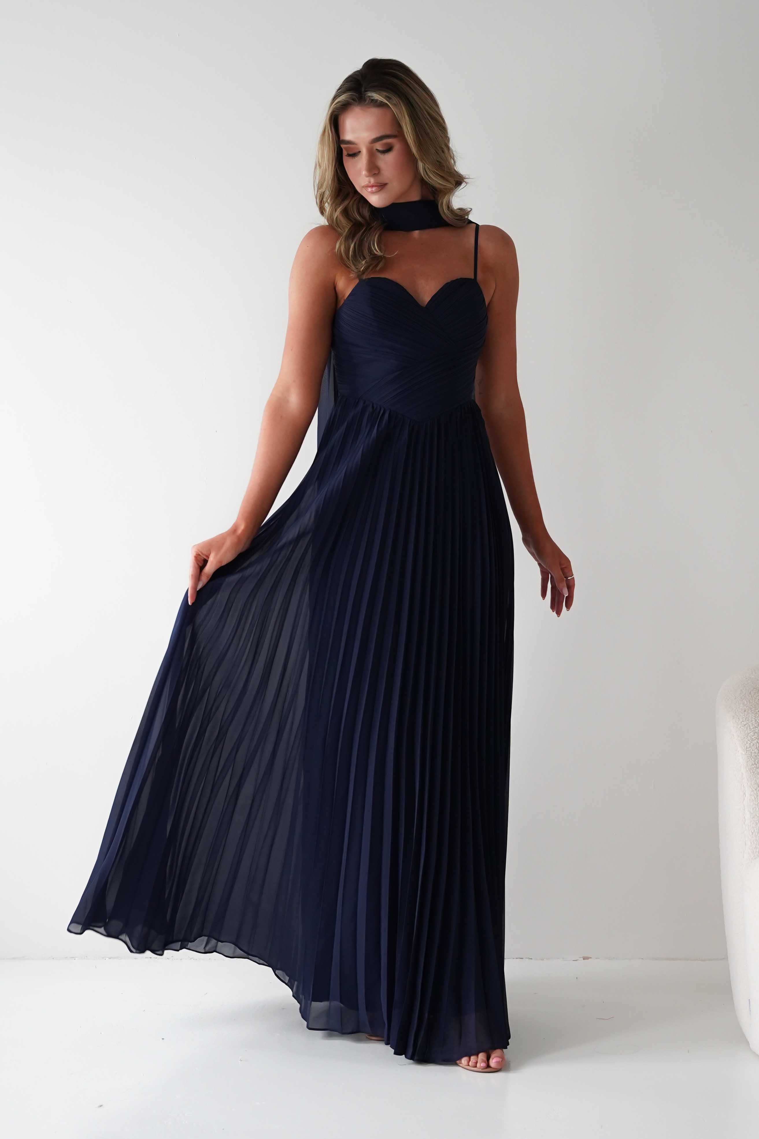 MANIJU Dresses 1*DONE - MANIJU- MF25100-NAVY PLEATED GOWN
