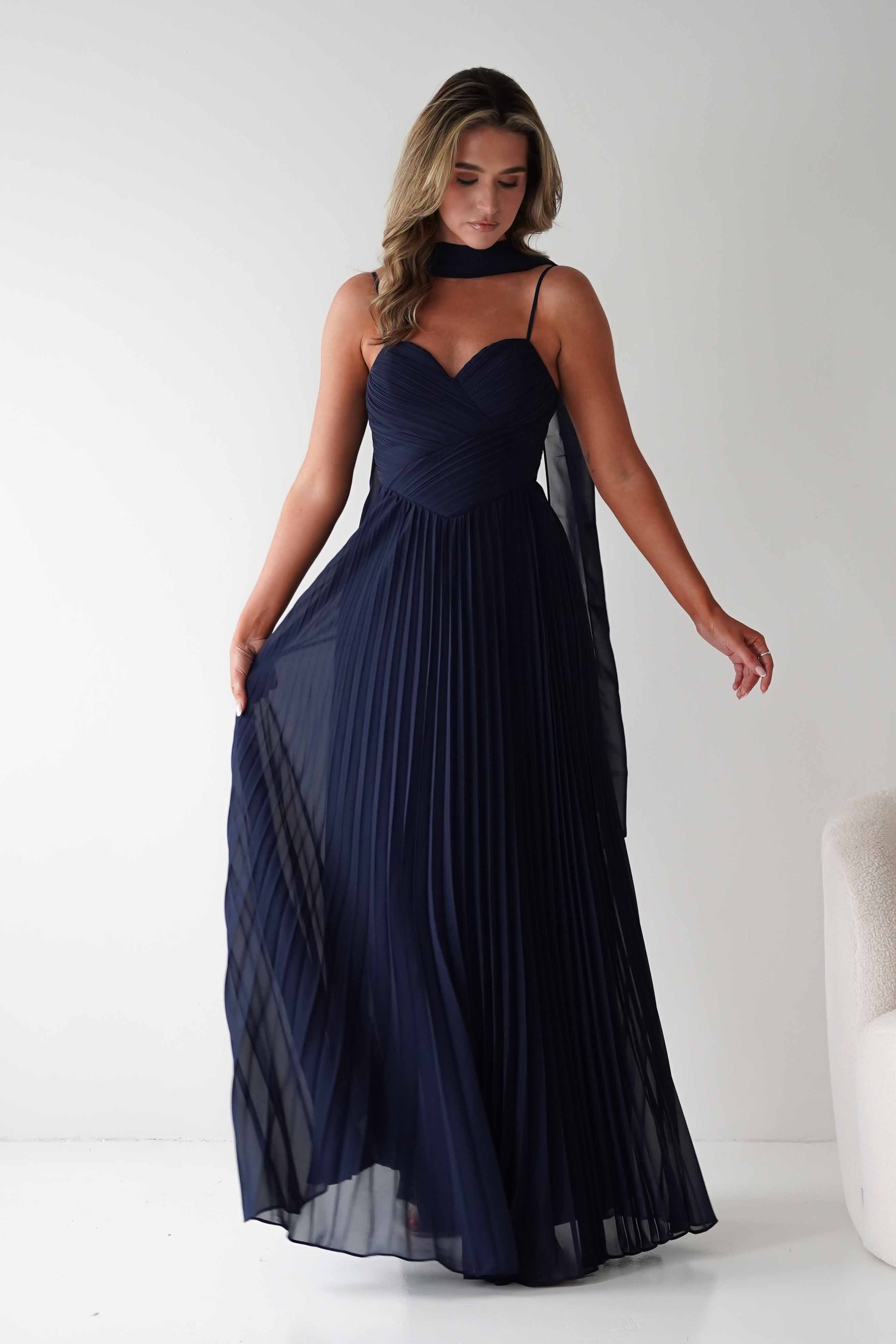 MANIJU Dresses 1*DONE - MANIJU- MF25100-NAVY PLEATED GOWN