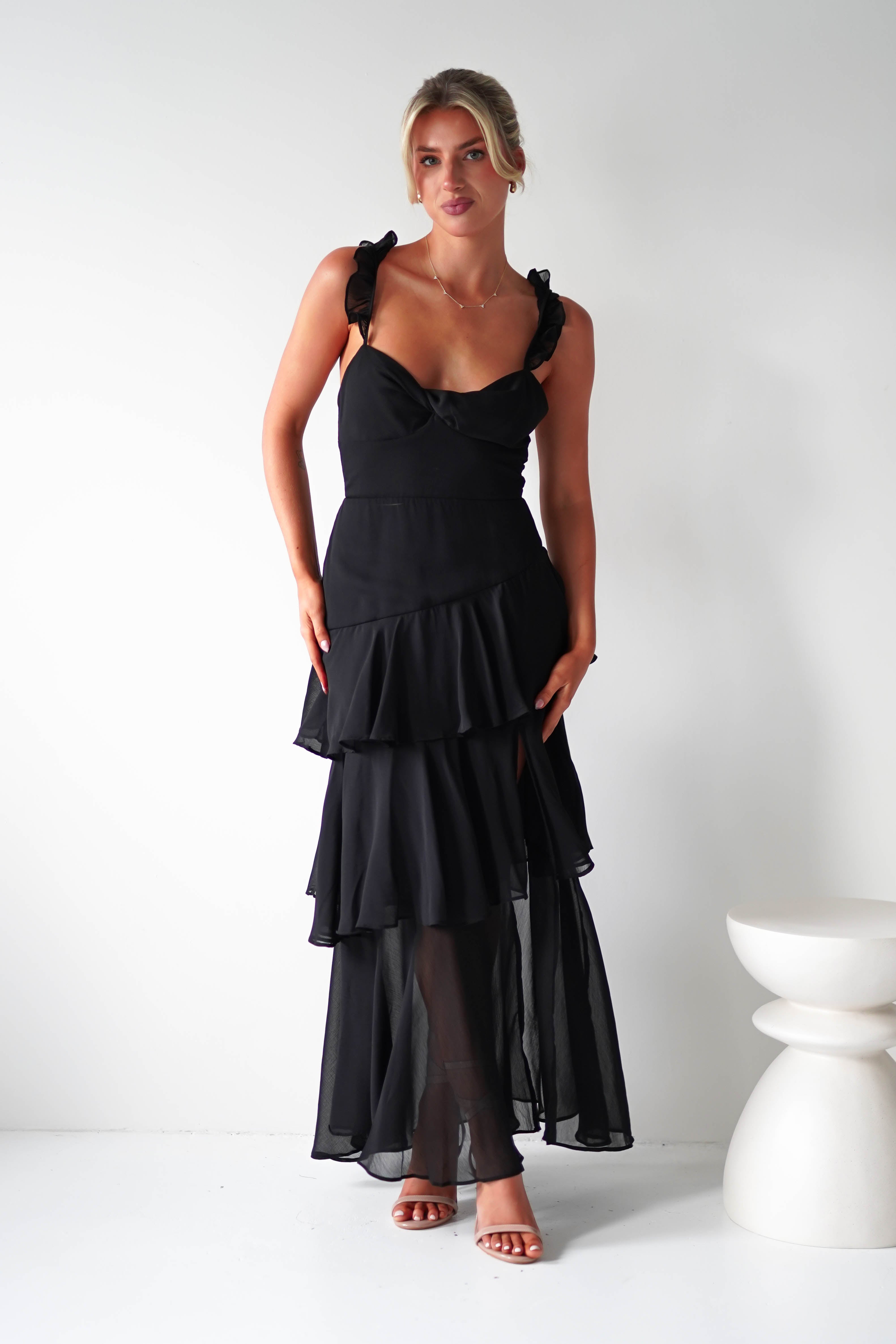 Victoria Ruffle Midaxi Dress | Black | Oh Hello Clothing | XS (6)