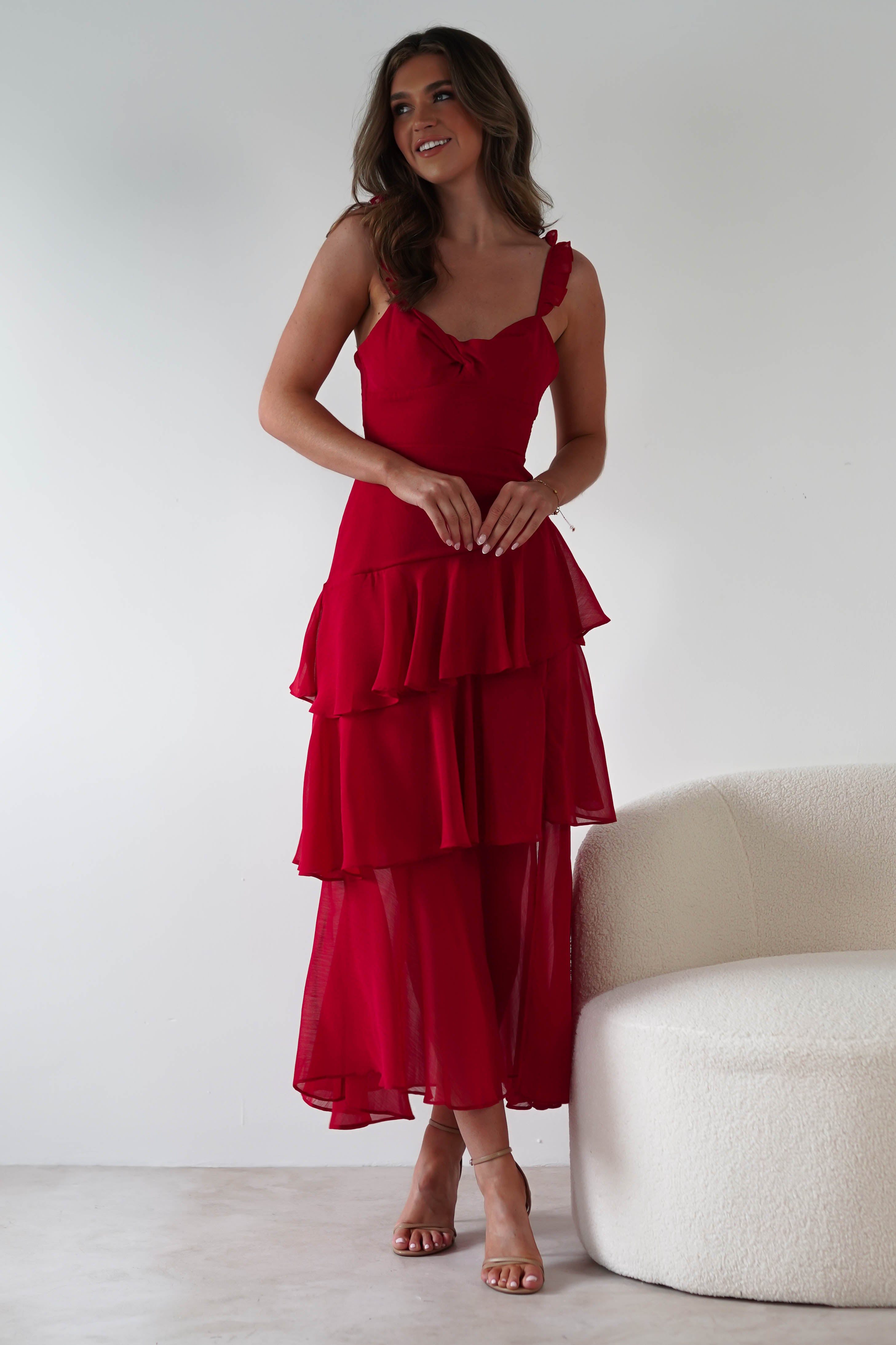 Victoria Ruffle Midaxi Dress | Red | Oh Hello Clothing | XS (6)