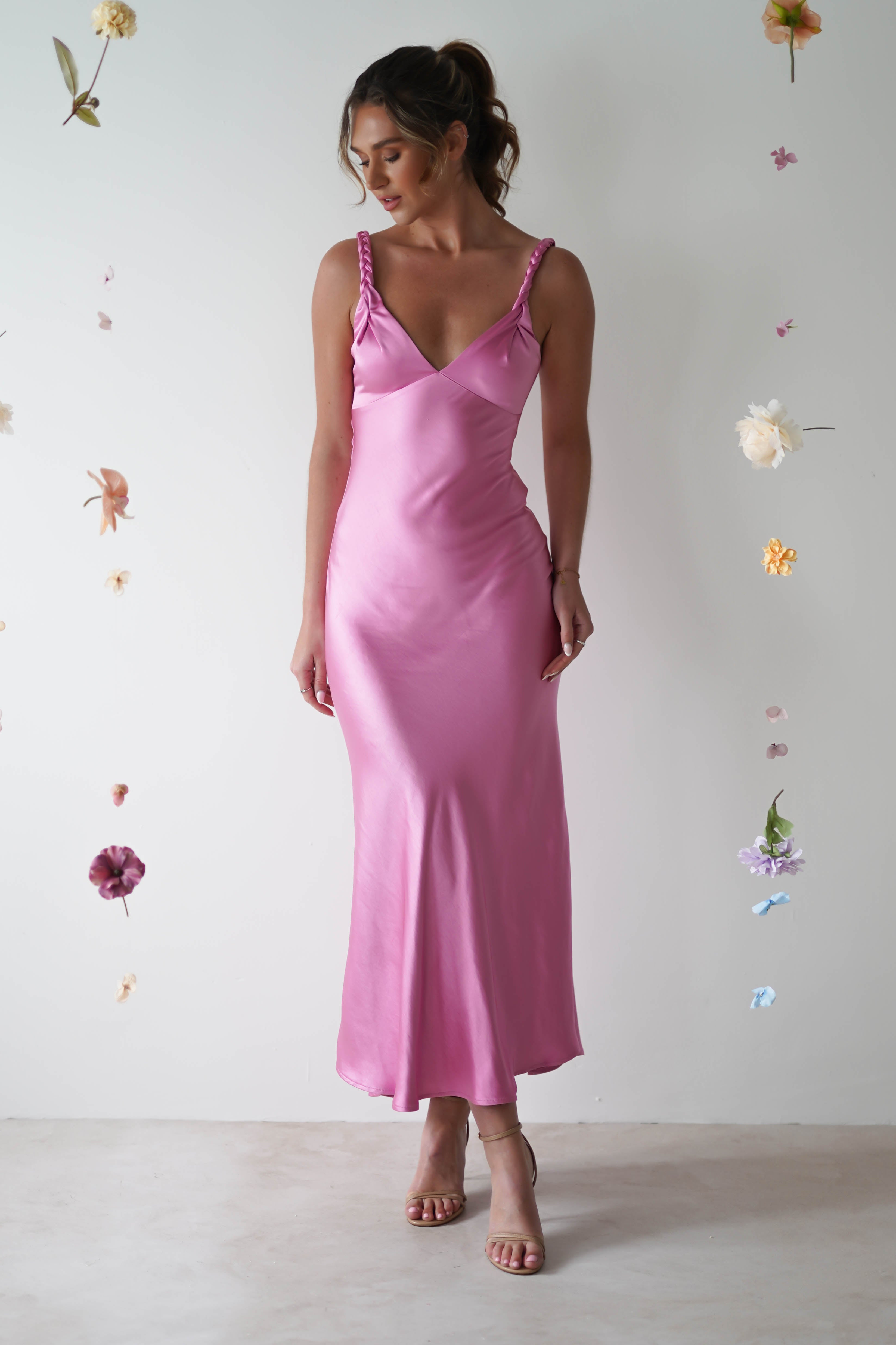 Bethanie Soft Satin Maxi Dress | Bright Pink - Oh Hello Clothing