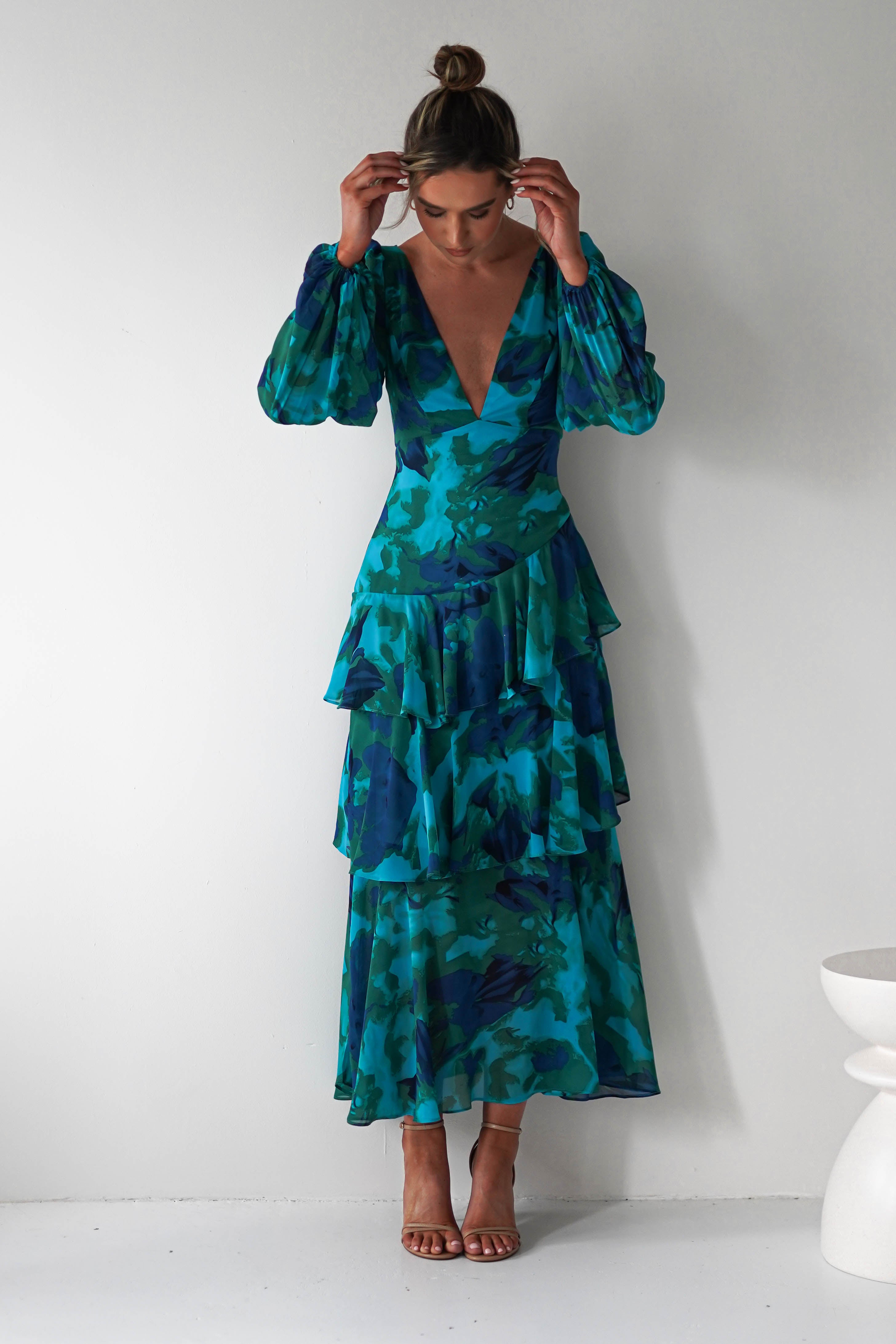 Kiyah Long Sleeve Maxi Dress | Green Print | Oh Hello Clothing | XS (6)