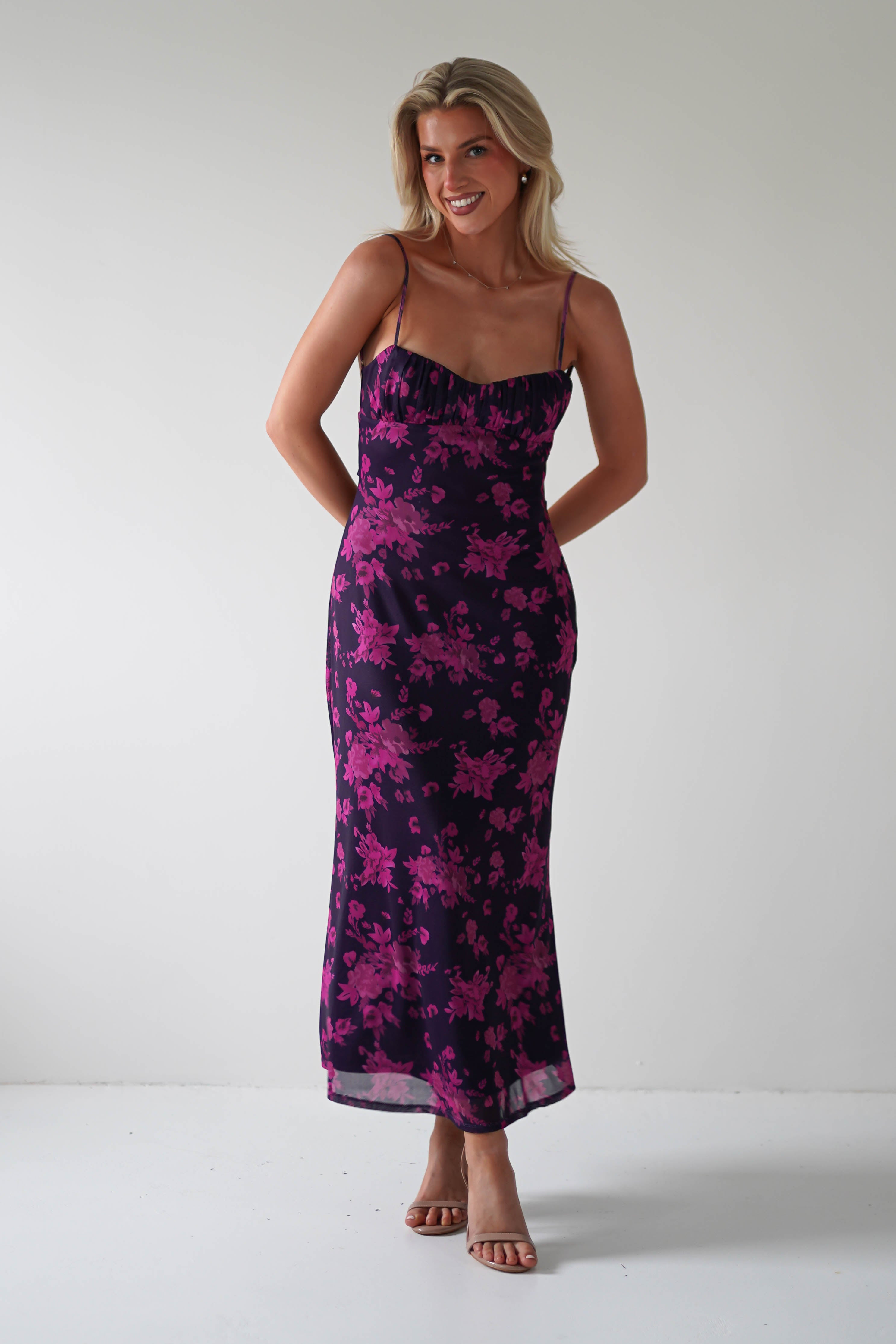 Merlo Low Back Midaxi Dress | Grape Print | Oh Hello Clothing | XS (6)
