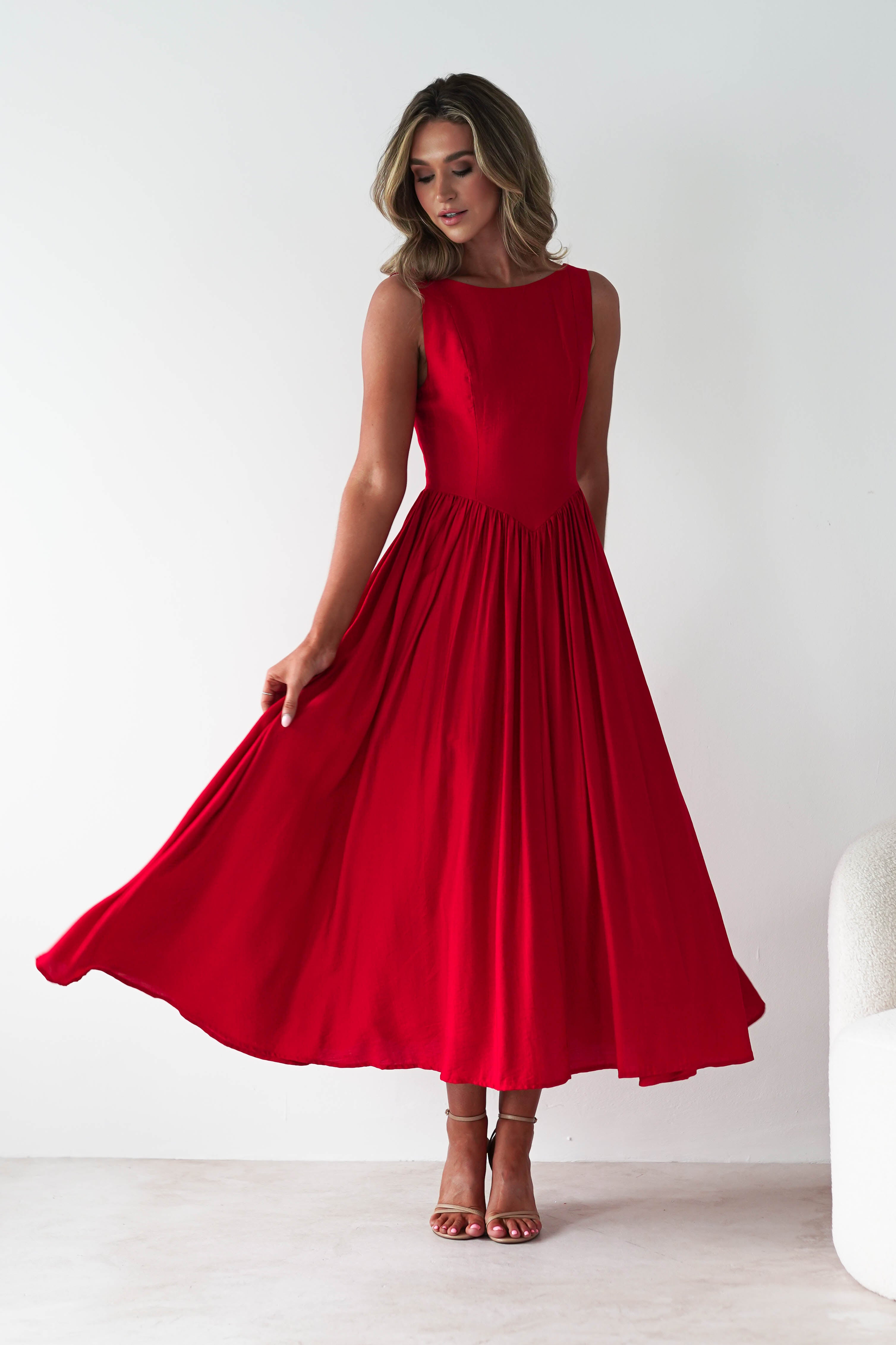 Monroe Skater Midaxi Dress | Red | Oh Hello Clothing | XS (6)