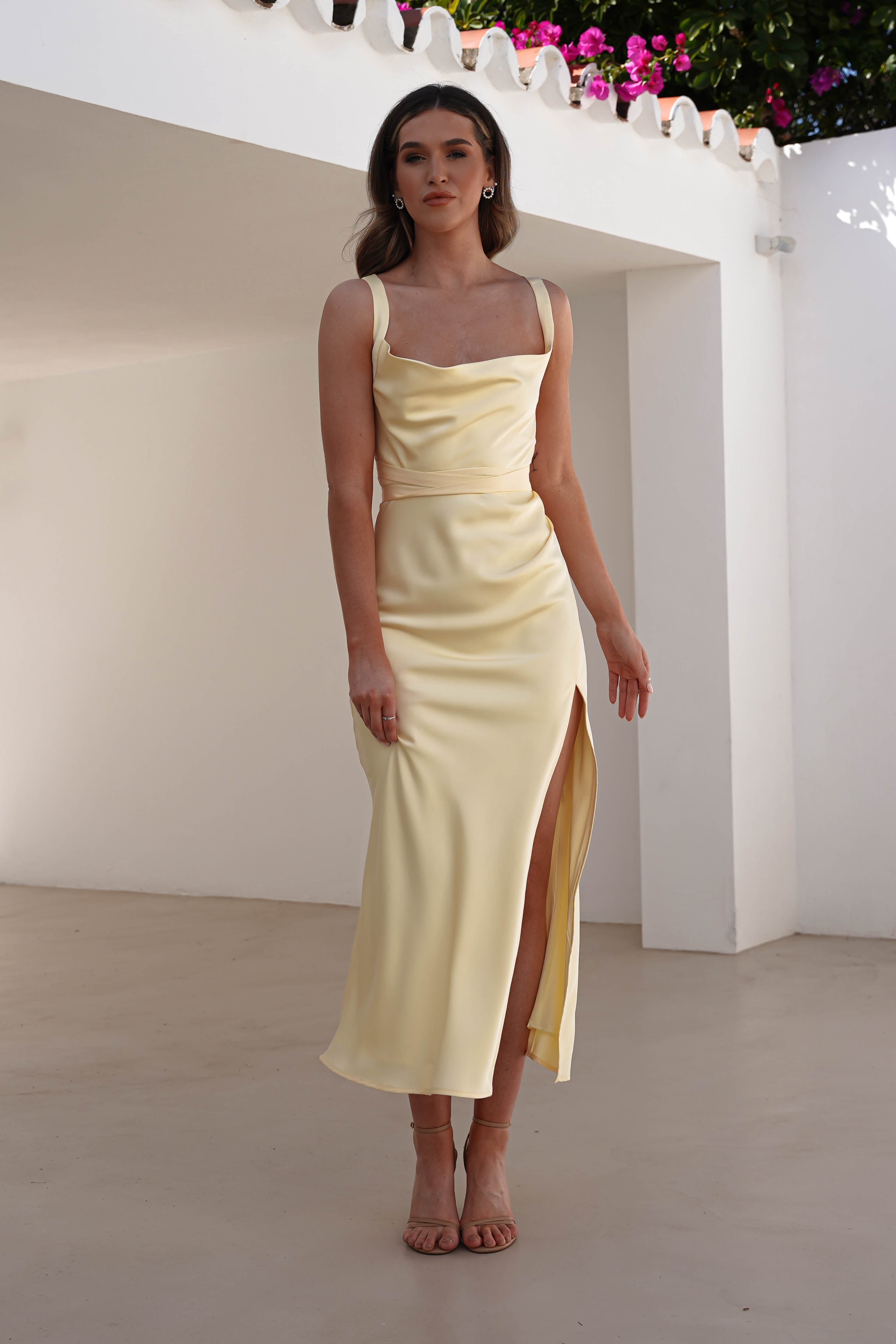 Salma Soft Matte Satin Midaxi Dress | Yellow - Oh Hello Clothing