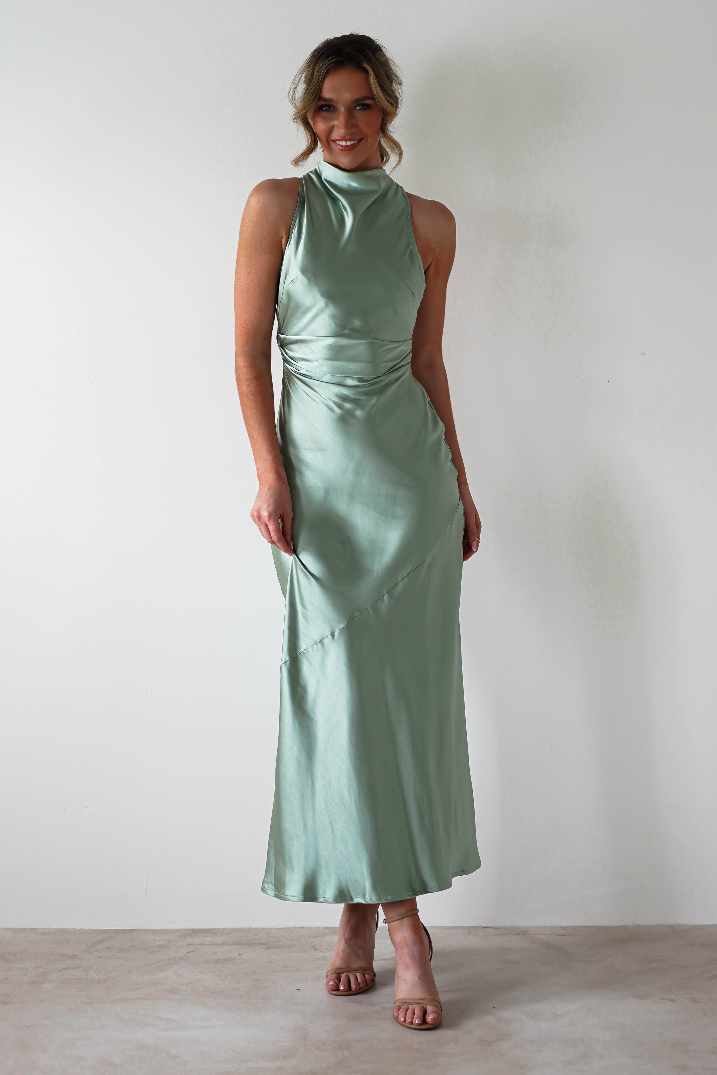 Stefanie Soft Satin Maxi Dress | Sage Green - Oh Hello Clothing