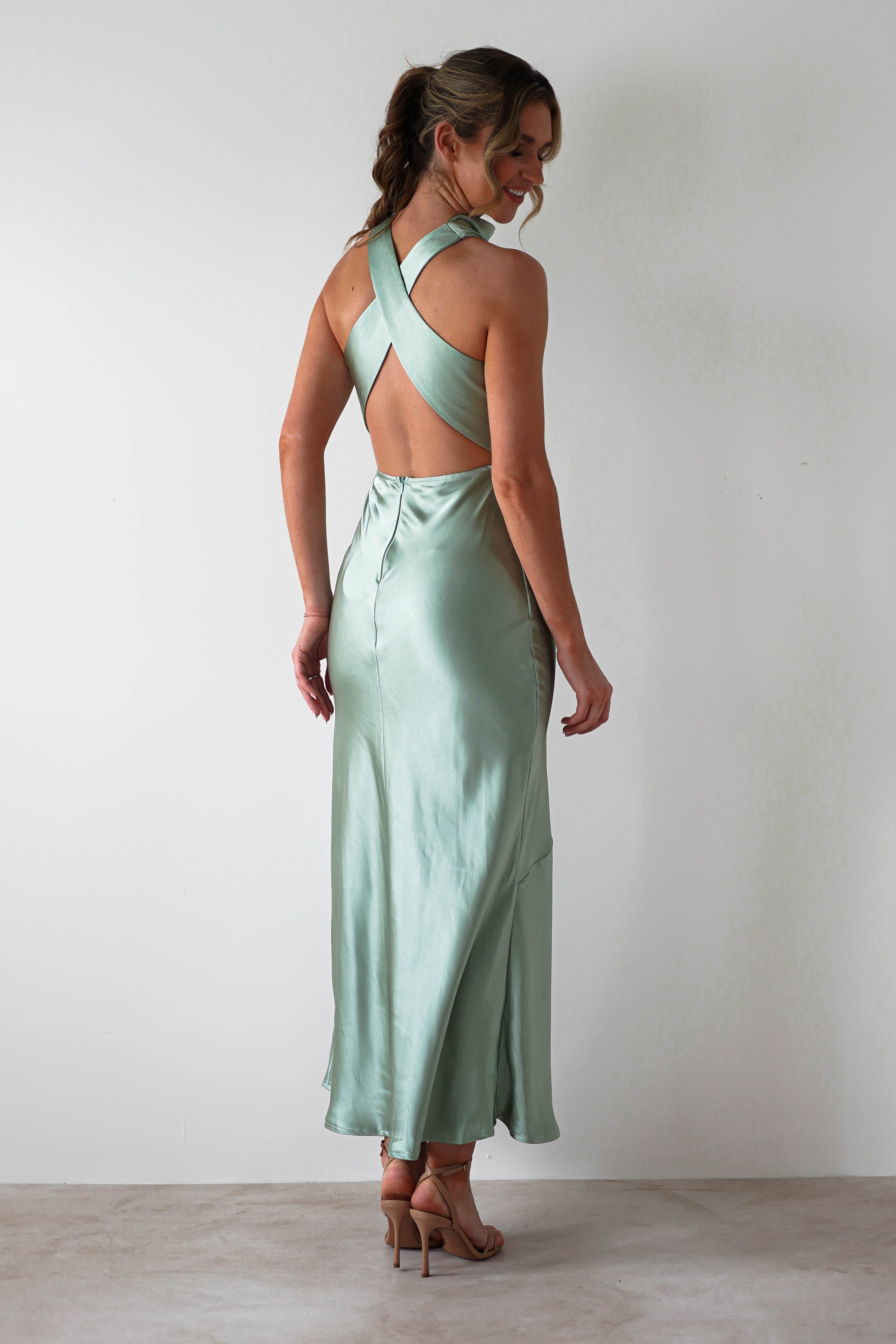 Stefanie Soft Satin Maxi Dress | Sage Green | Oh Hello Clothing | XS (6)