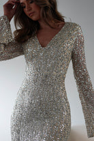 Nadalia Sequin Maxi Dress | Silver/Nude | Oh Hello Clothing | S (8)