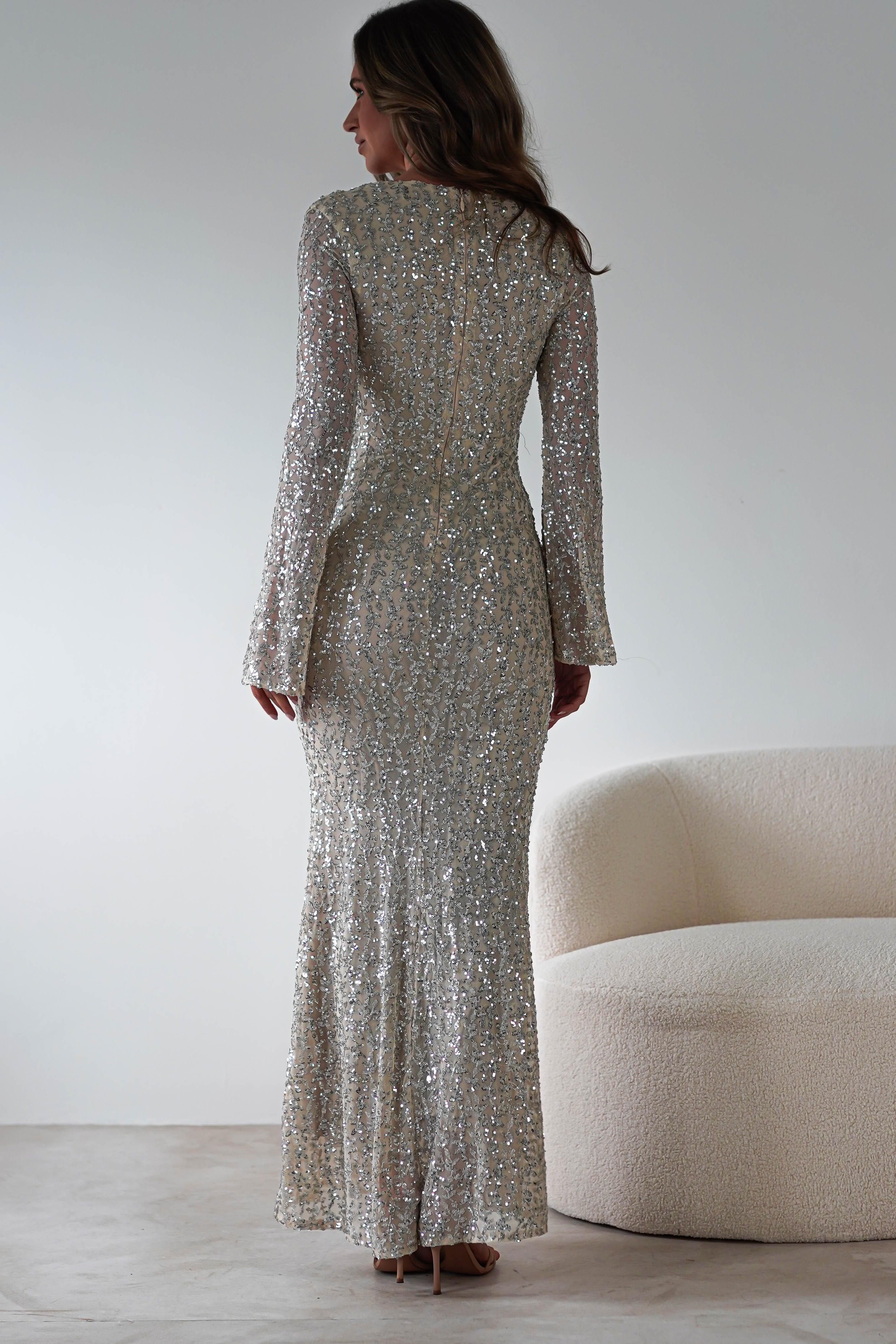 Nadalia Sequin Maxi Dress | Silver/Nude | Oh Hello Clothing | S (8)