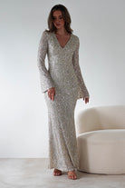 Nadalia Sequin Maxi Dress | Silver/Nude | Oh Hello Clothing | S (8)