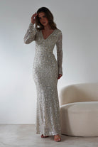 Nadalia Sequin Maxi Dress | Silver/Nude | Oh Hello Clothing | S (8)