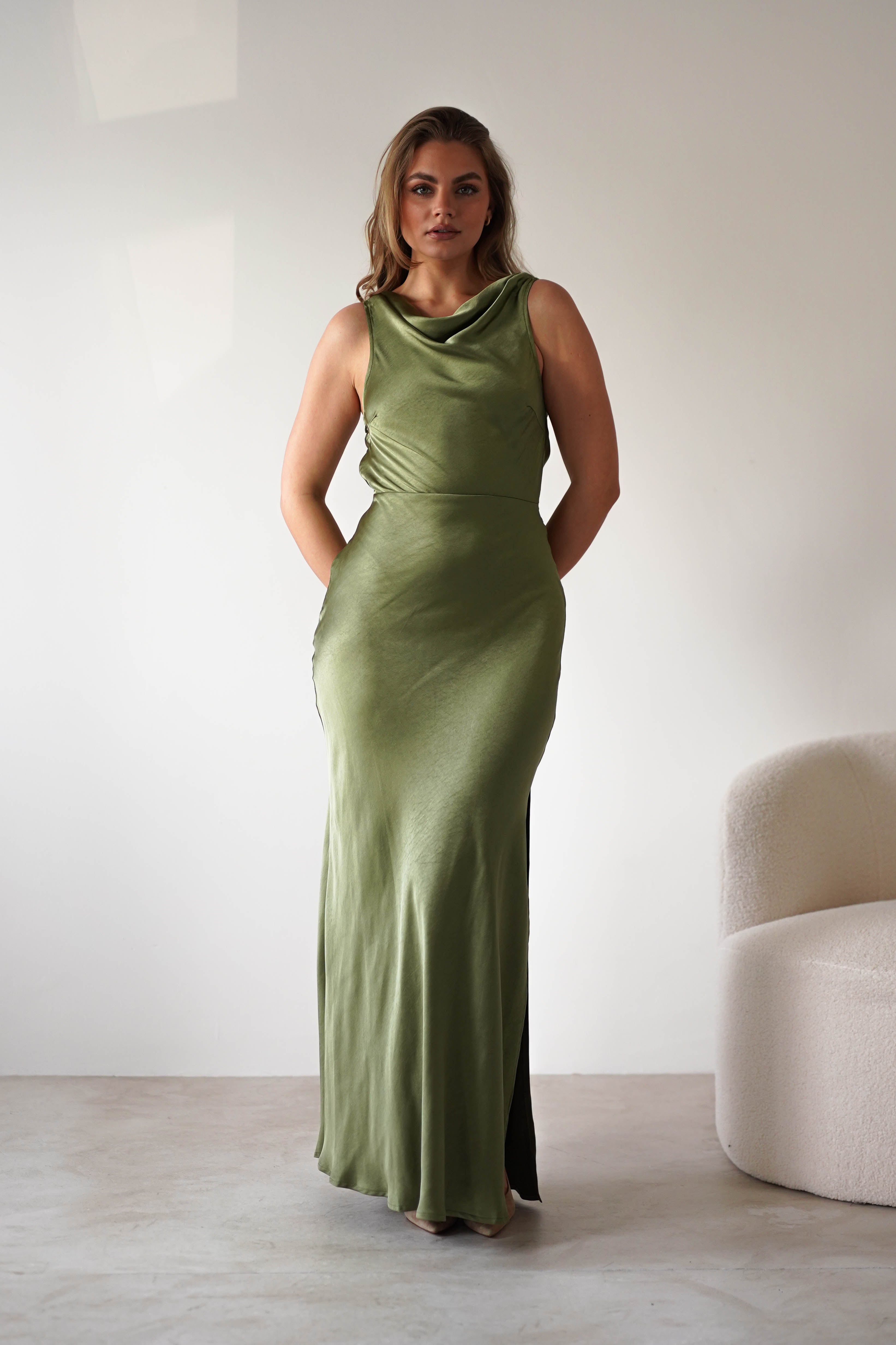 Darlee Tie Back Satin Maxi Dress | Olive | Oh Hello Clothing | XS (6)