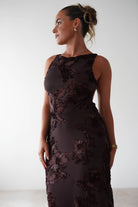 Demi Floral Textured Maxi Dress | Brown | Oh Hello Clothing | XS (6)
