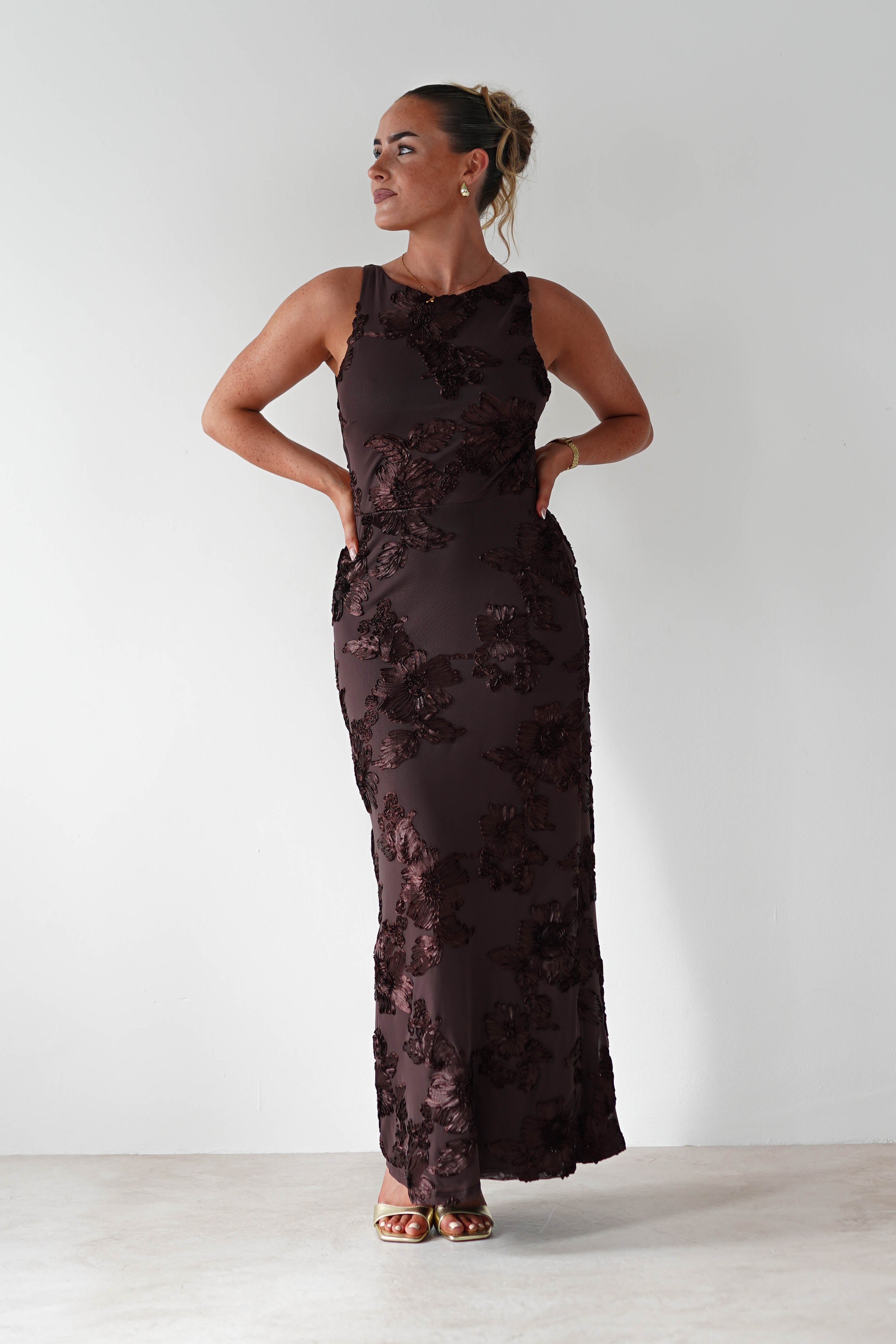 Demi Floral Textured Maxi Dress | Brown | Oh Hello Clothing | XS (6)