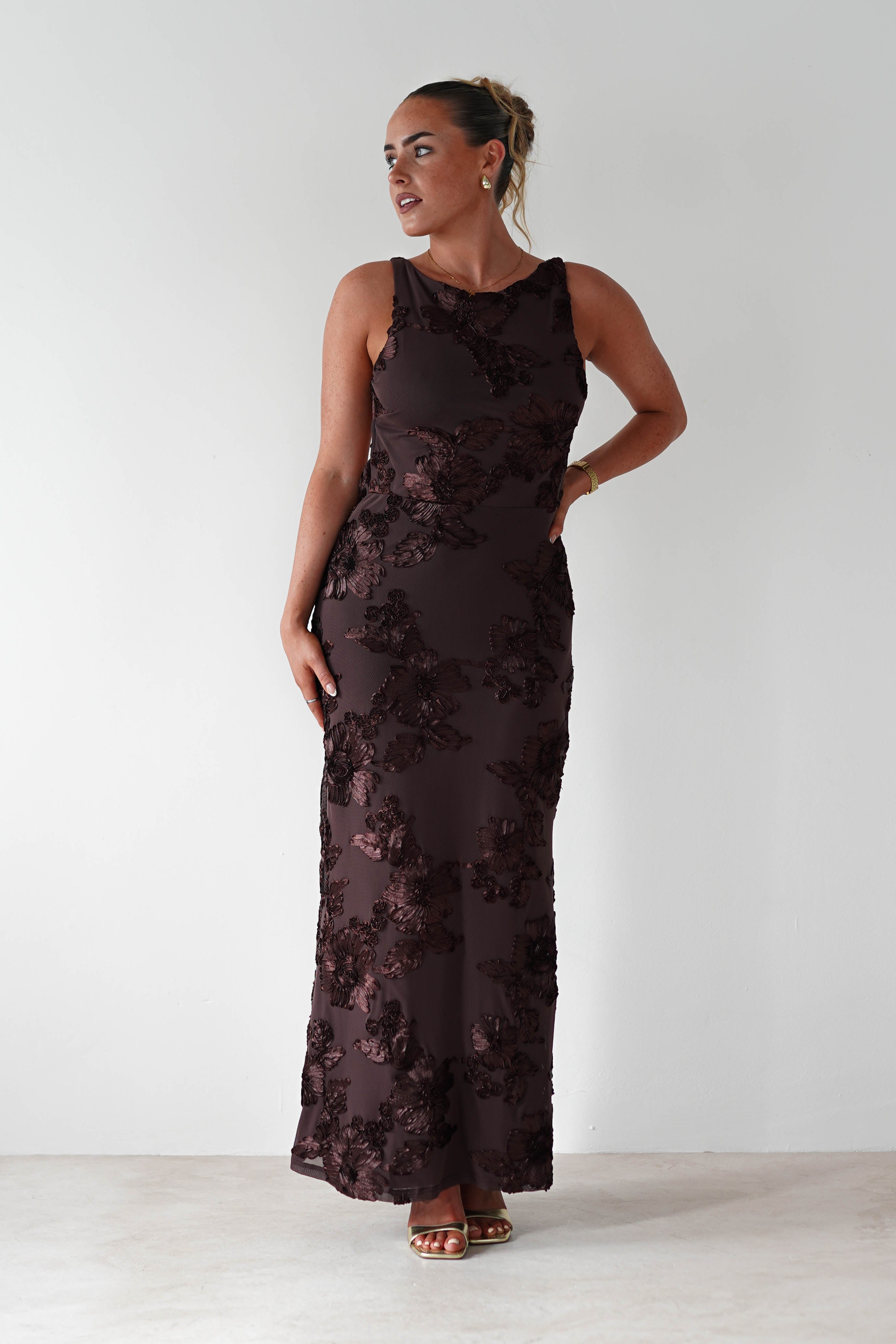 Demi Floral Textured Maxi Dress | Brown | Oh Hello Clothing | XS (6)