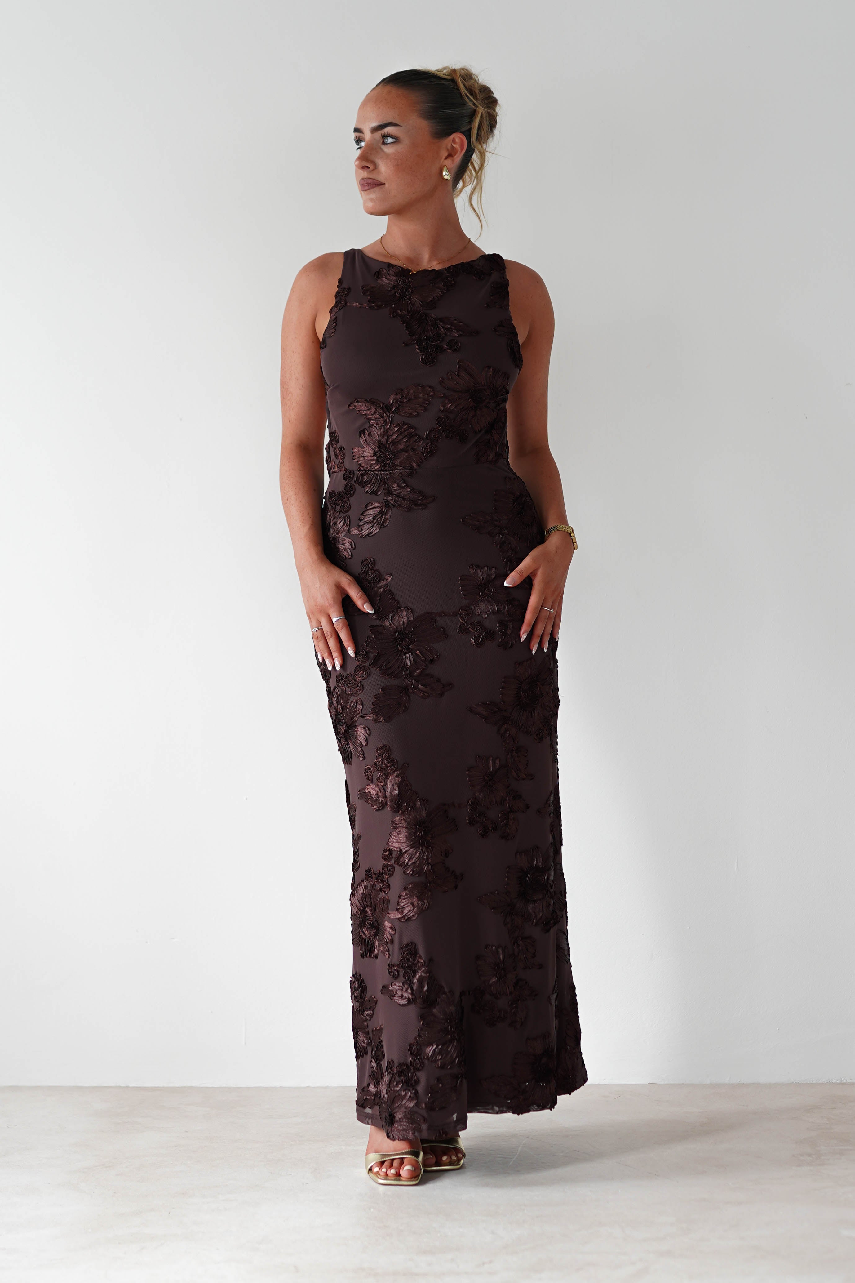 Demi Floral Textured Maxi Dress | Brown | Oh Hello Clothing | XS (6)