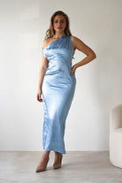 Nala Satin Off The Shoulder Dress | Blue | Oh Hello Clothing | XS (6)