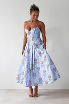 Tessa Floral Print Skater Midaxi Dress | Blue | Oh Hello Clothing | XS (6)