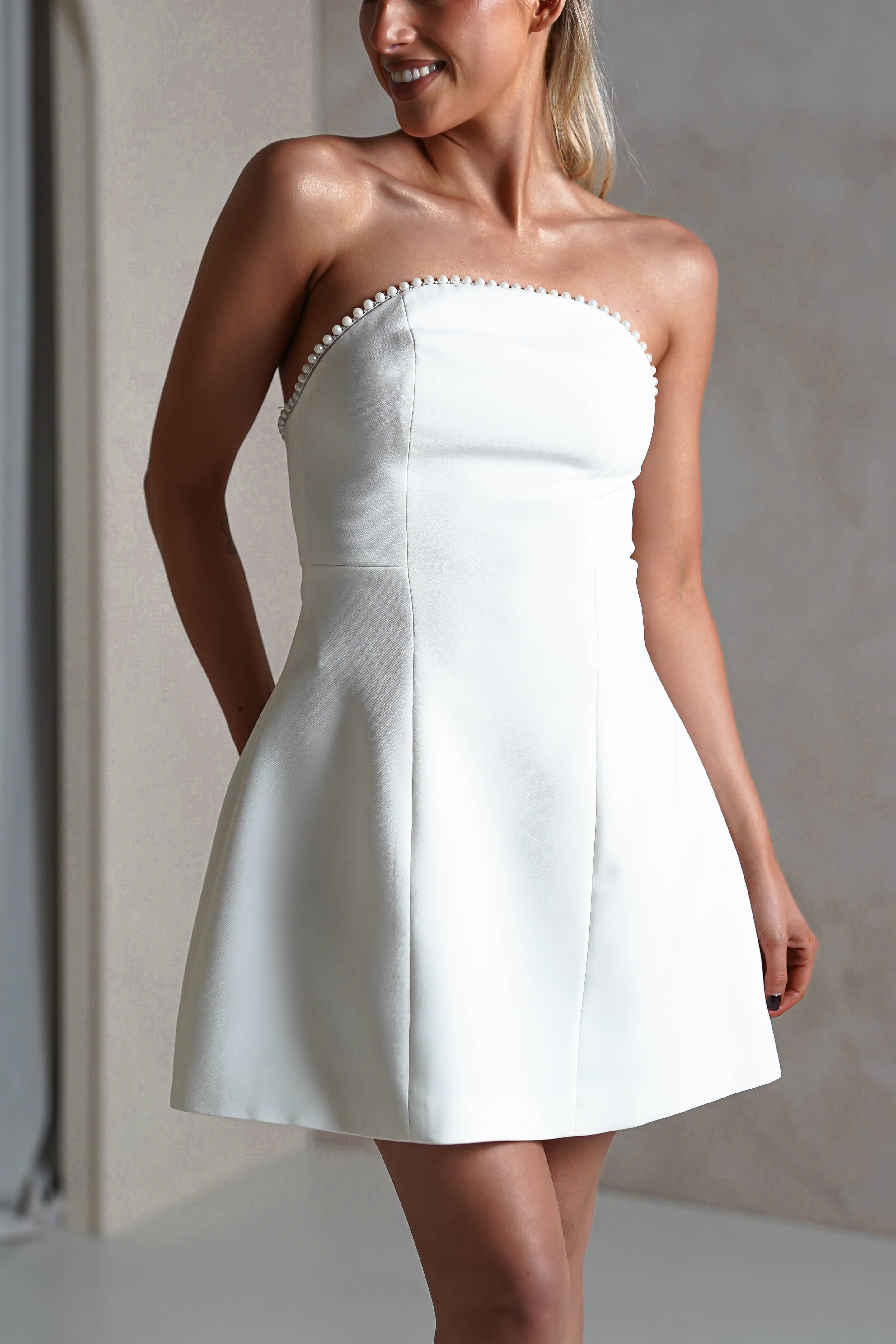 Bettie Pearl Trim Detail Mini Dress | White | Oh Hello Clothing | XS (6)