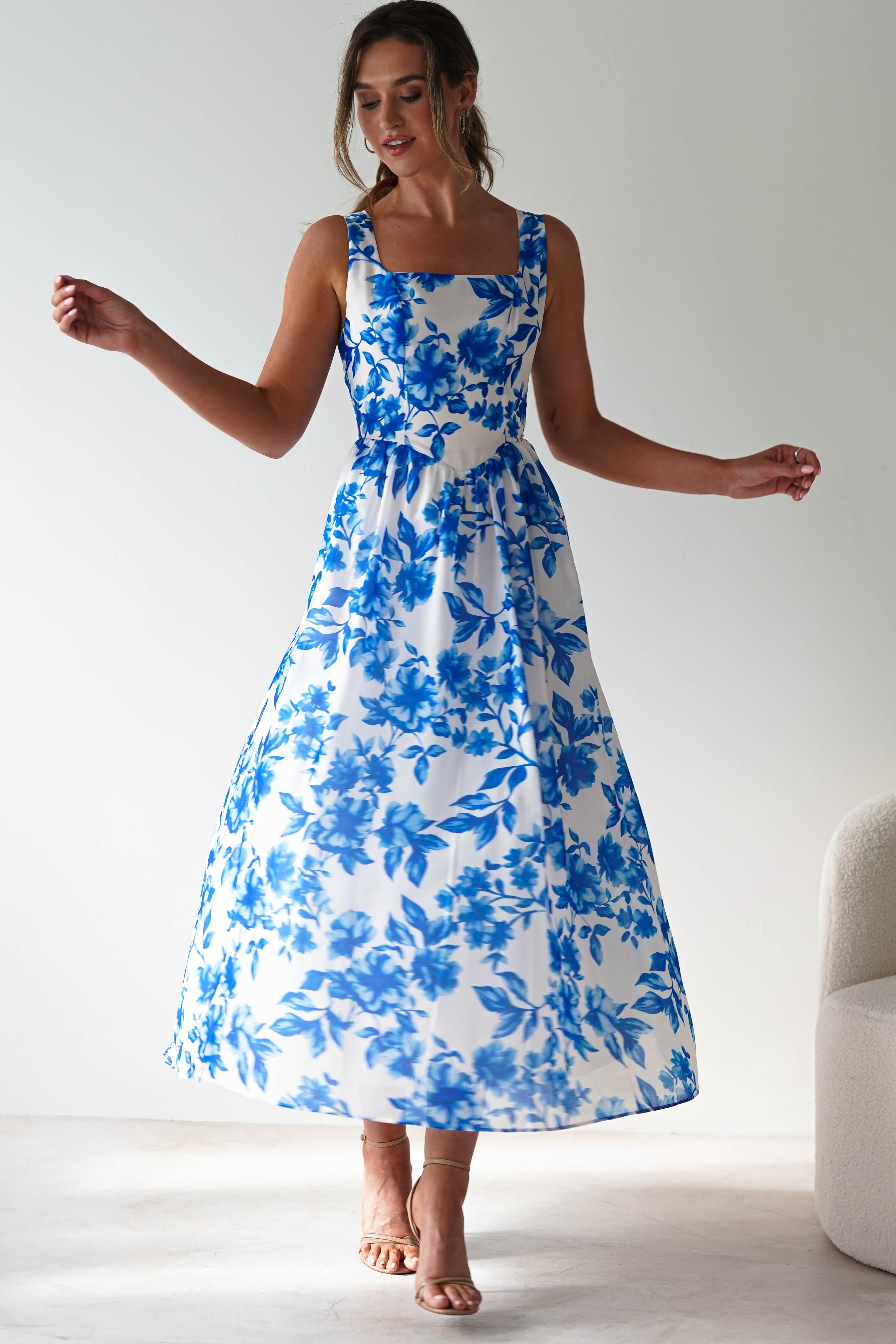 Maisie Floral Skater Maxi Dress | Blue | Oh Hello Clothing | XS (6)