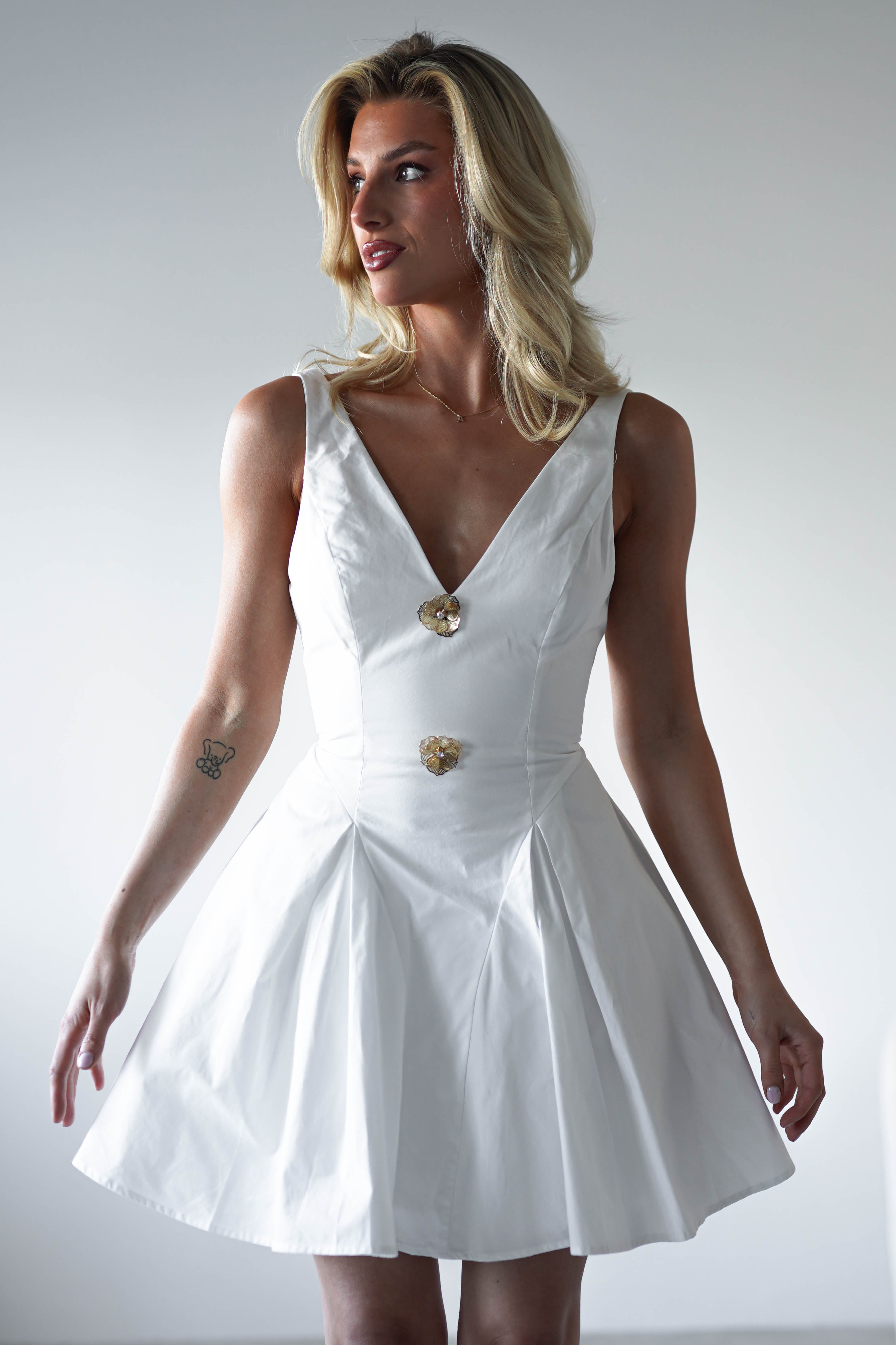 Baxter Cotton Gold Button Mini Dress | White | Oh Hello Clothing | XS (6)