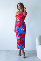 Elliot Floral Print Midi Dress | Blue/Red | Oh Hello Clothing | XS (6)
