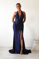 Adeline Rhinestone Halterneck Gown | Navy | Oh Hello Clothing | XS (6)