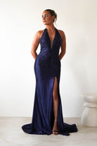 Adeline Rhinestone Halterneck Gown | Navy | Oh Hello Clothing | XS (6)