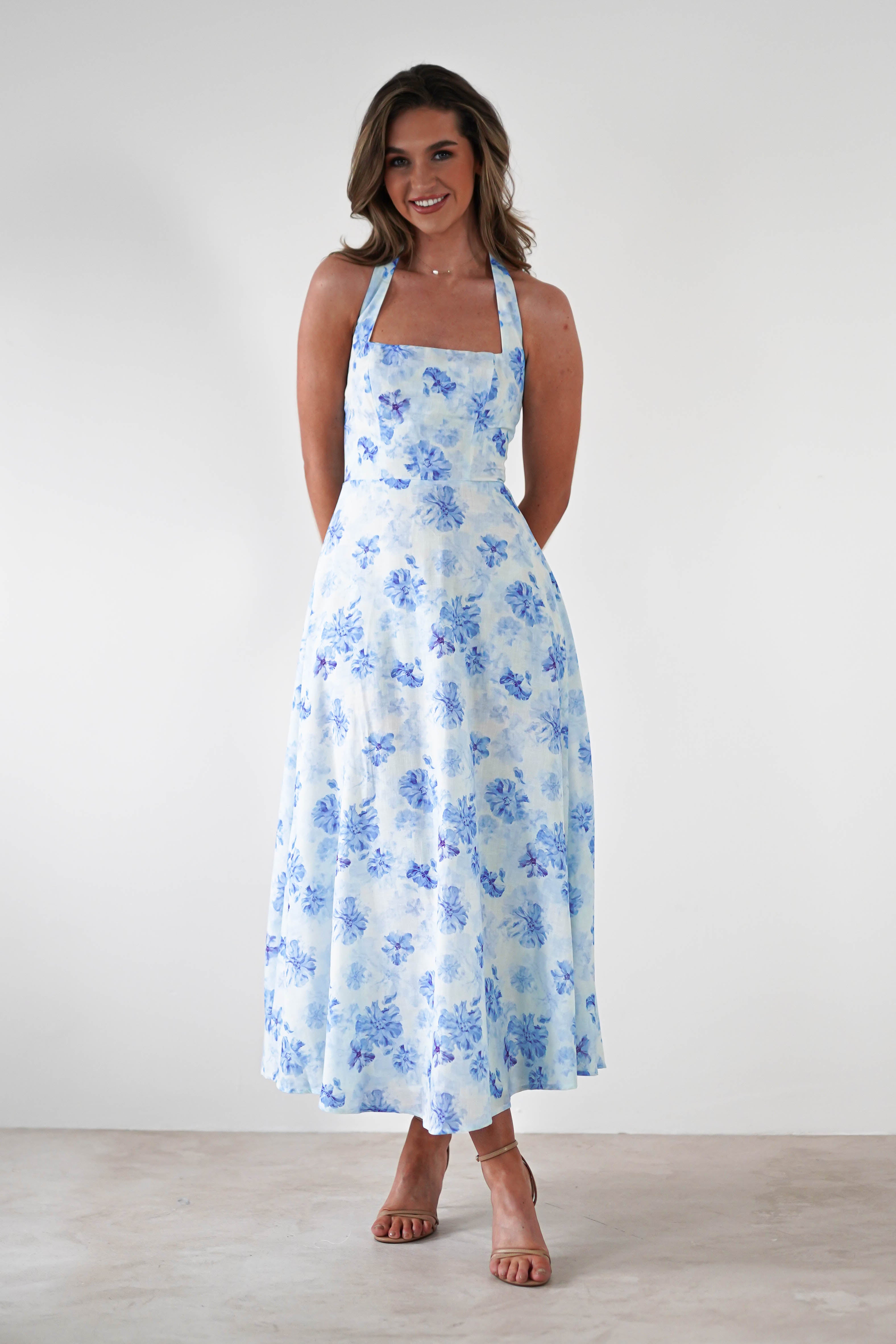 Suzette Floral Skater Maxi Dress | Blue/White | Oh Hello Clothing | XS (6)