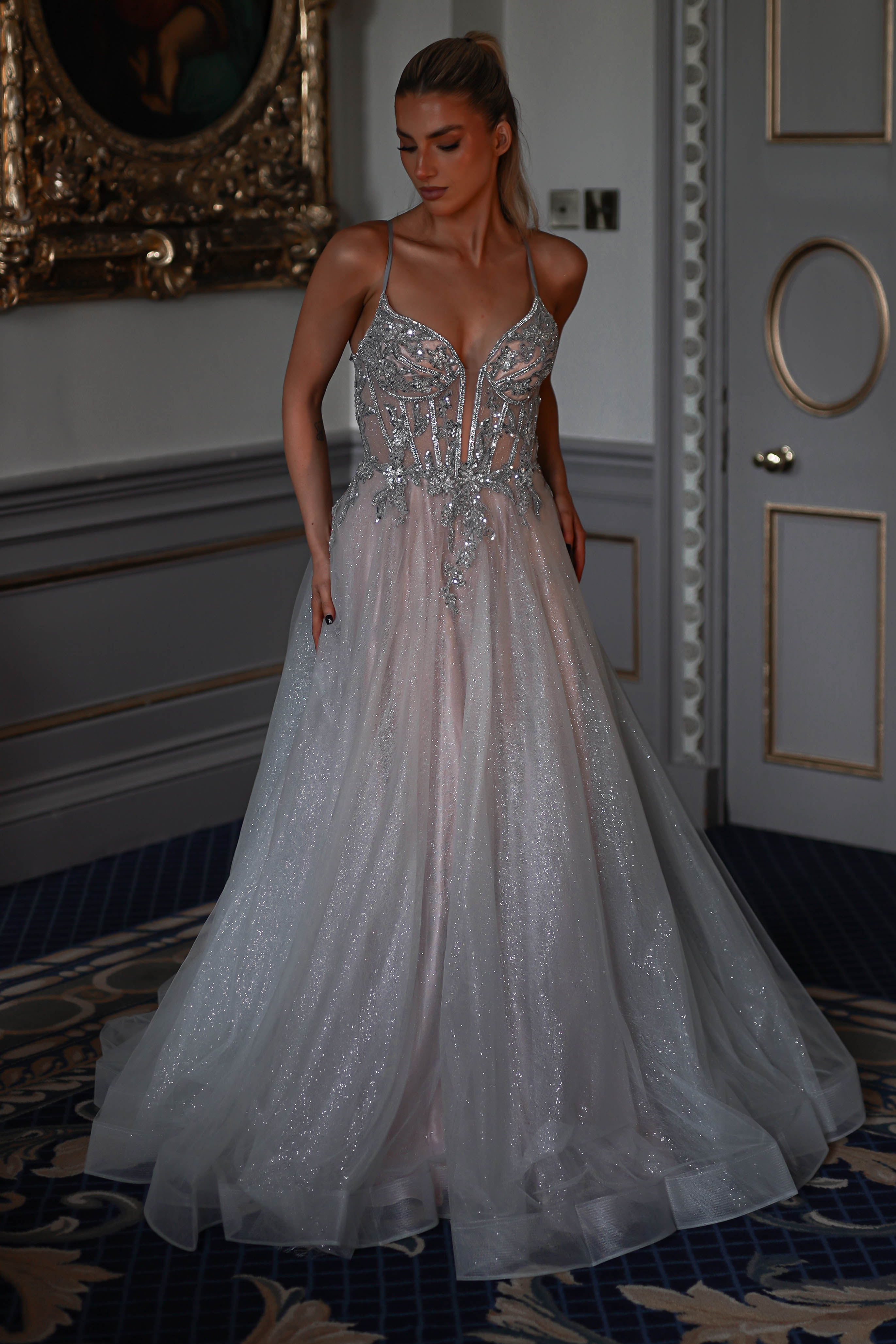 Shyla Glitter Princess Gown | Silver/Nude | Oh Hello Clothing | XS (6)