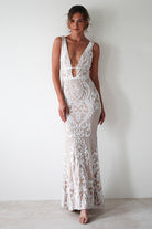 Lorenza Plunge Sequin Gown | Nude/White - Oh Hello Clothing