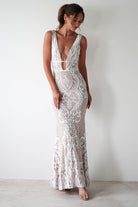 Lorenza Plunge Sequin Gown | Nude/White - Oh Hello Clothing