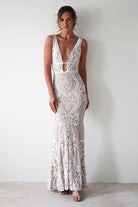 Lorenza Plunge Sequin Gown | Nude/White - Oh Hello Clothing