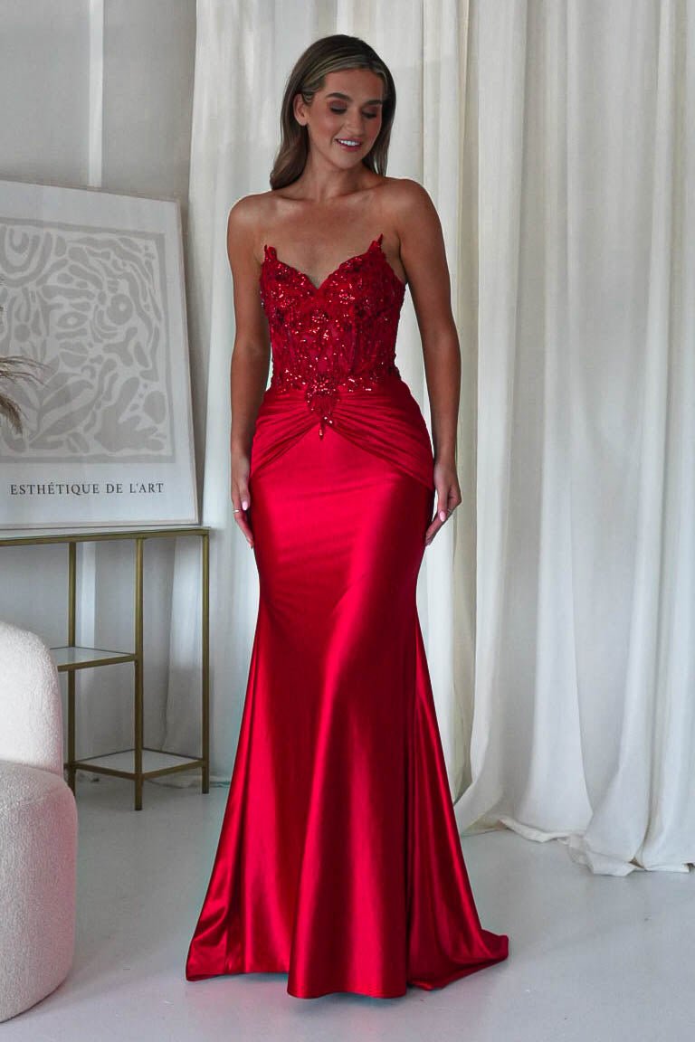 Raquel Bodycon Embellished Gown | Red | Oh Hello Clothing | XS (6)