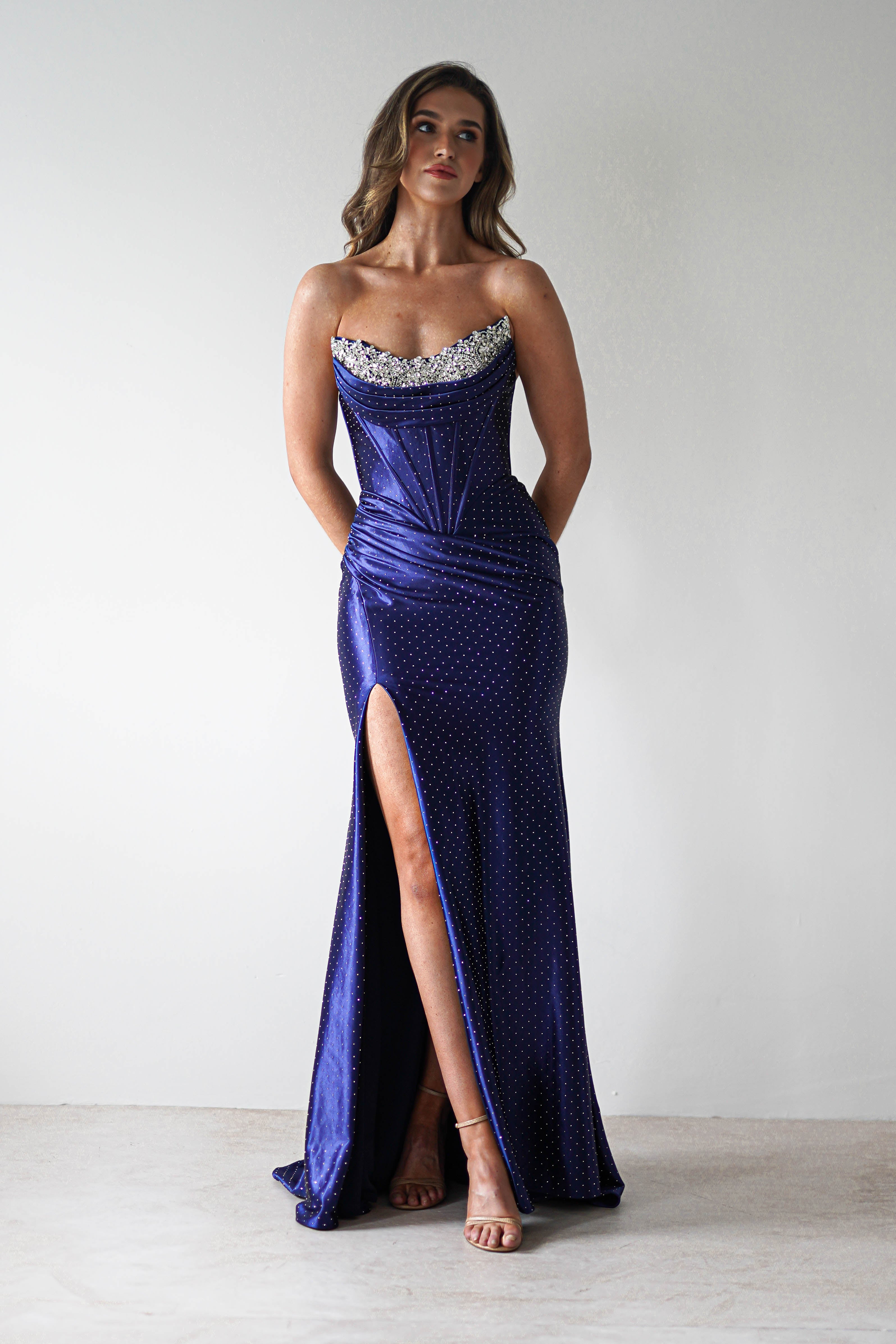 Pranvera Embellished Micro Crystal Gown | Dusty Navy | Oh Hello Clothing | XS (6)