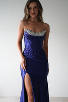 Pranvera Embellished Micro Crystal Gown | Dusty Navy - Oh Hello Clothing