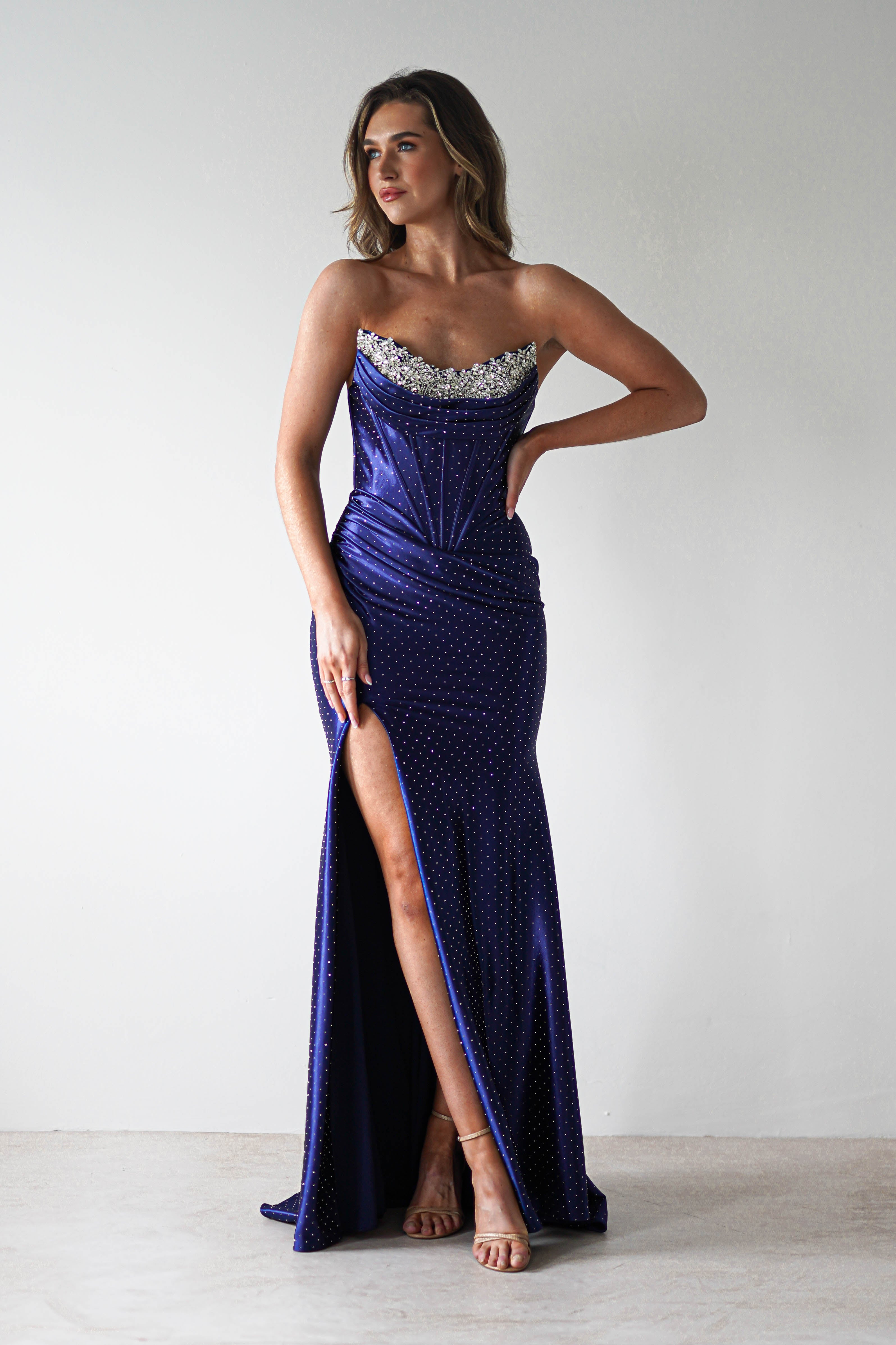 Pranvera Embellished Micro Crystal Gown | Dusty Navy | Oh Hello Clothing | XS (6)
