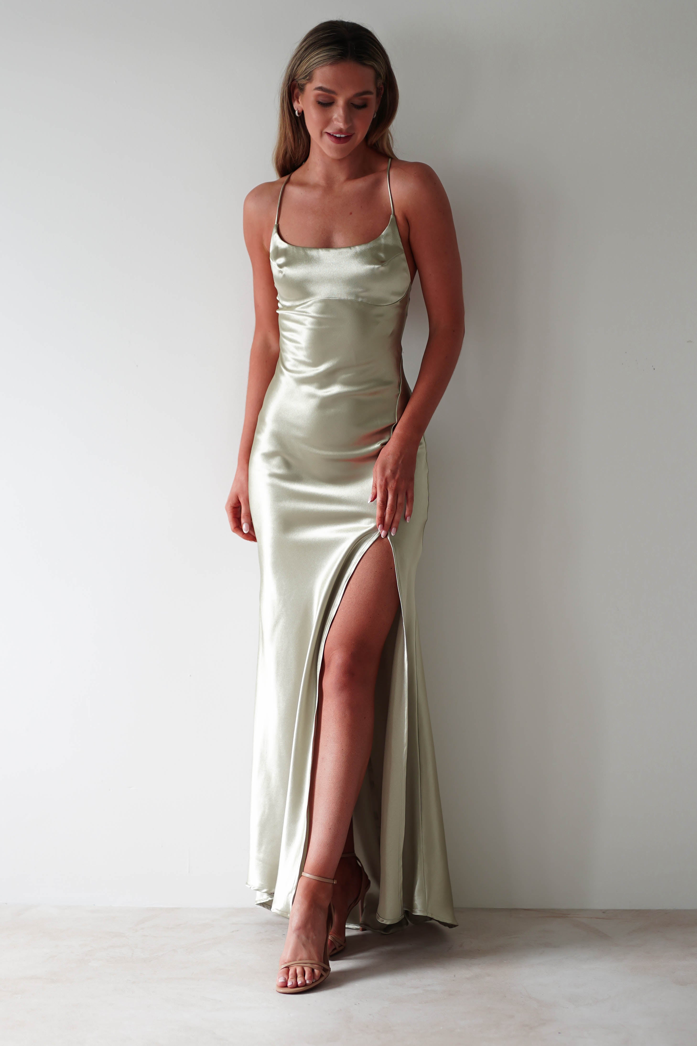 Celinee Satin Maxi Gown | Sage - Oh Hello Clothing