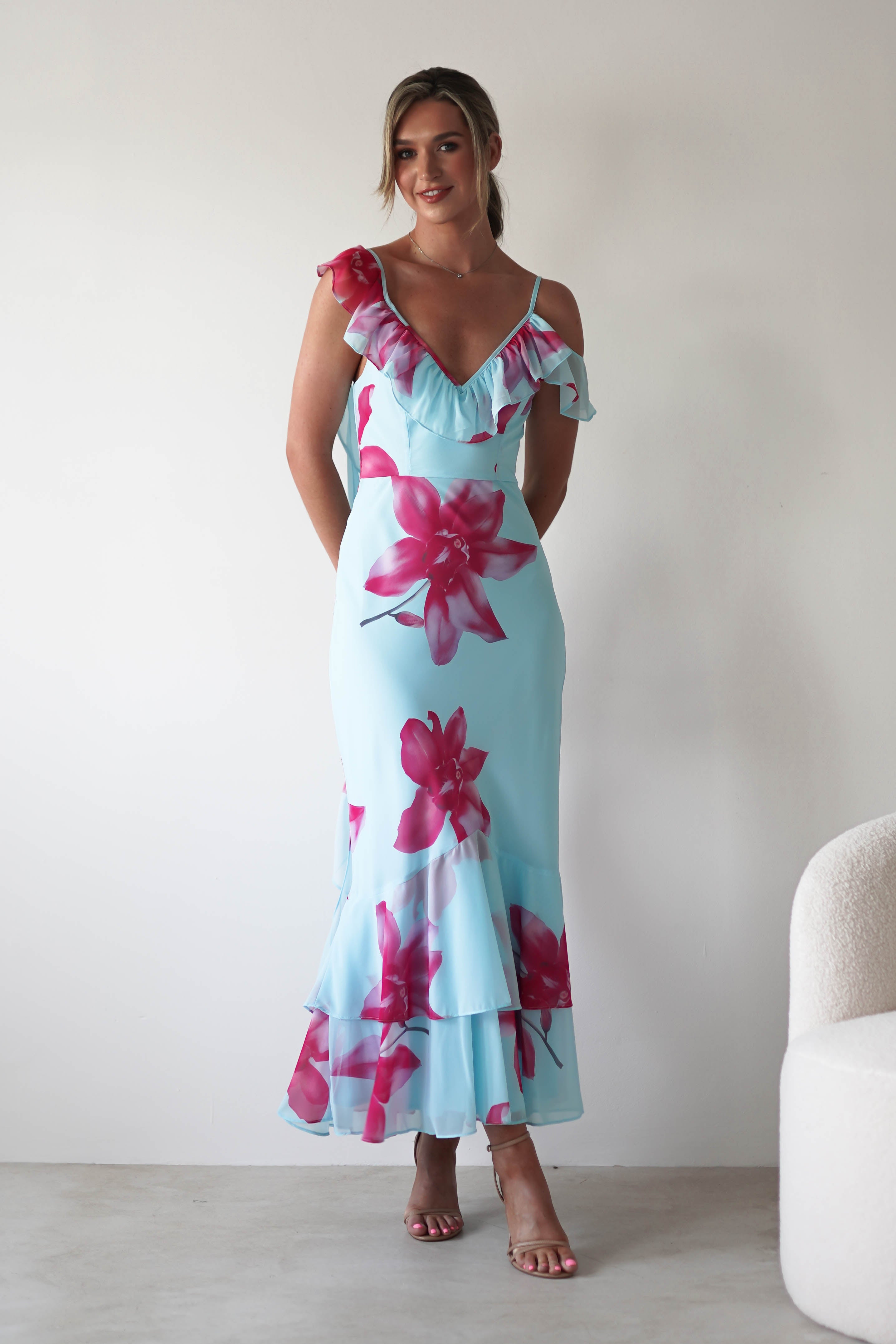 Leonie Floral Print Maxi Dress | Blue | Oh Hello Clothing | XS (6)