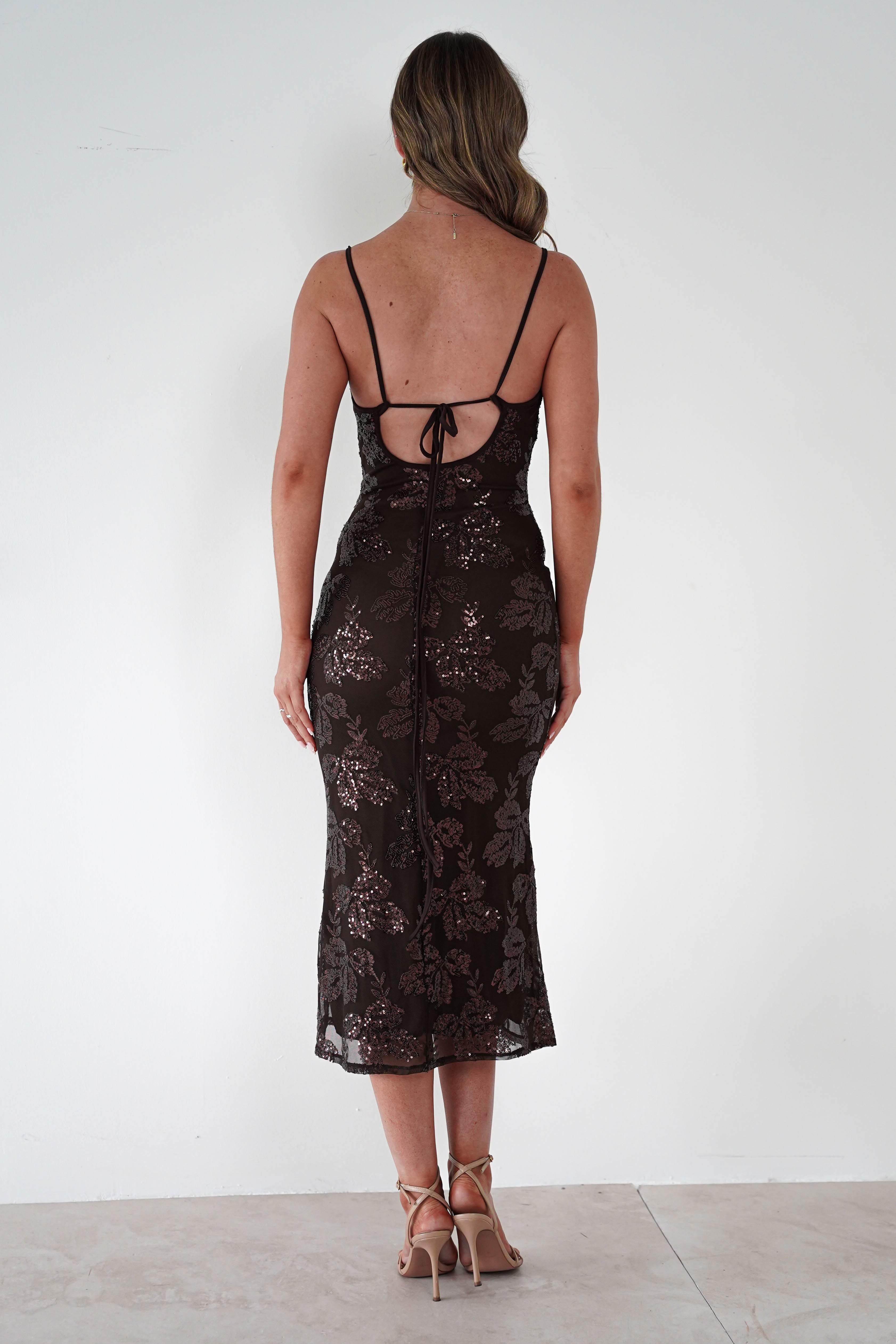 ERICKH Dresses 1*DONE -ERICKH-27104 SEQUIN FLORAL BROWN DRESS