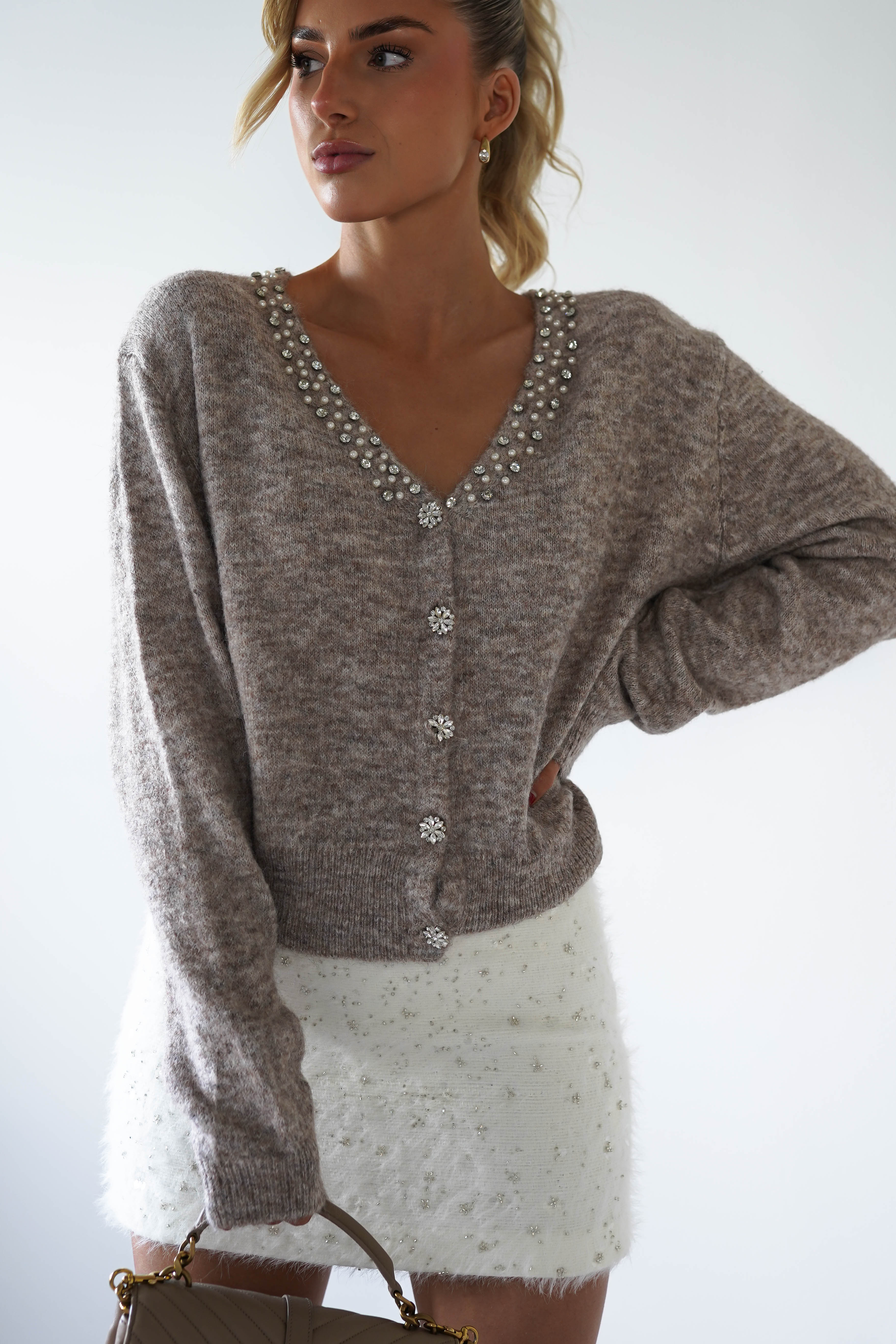 Cali Knitted Embellished Cardigan | Taupe | Oh Hello Clothing | ONE SIZE (6 - 12)