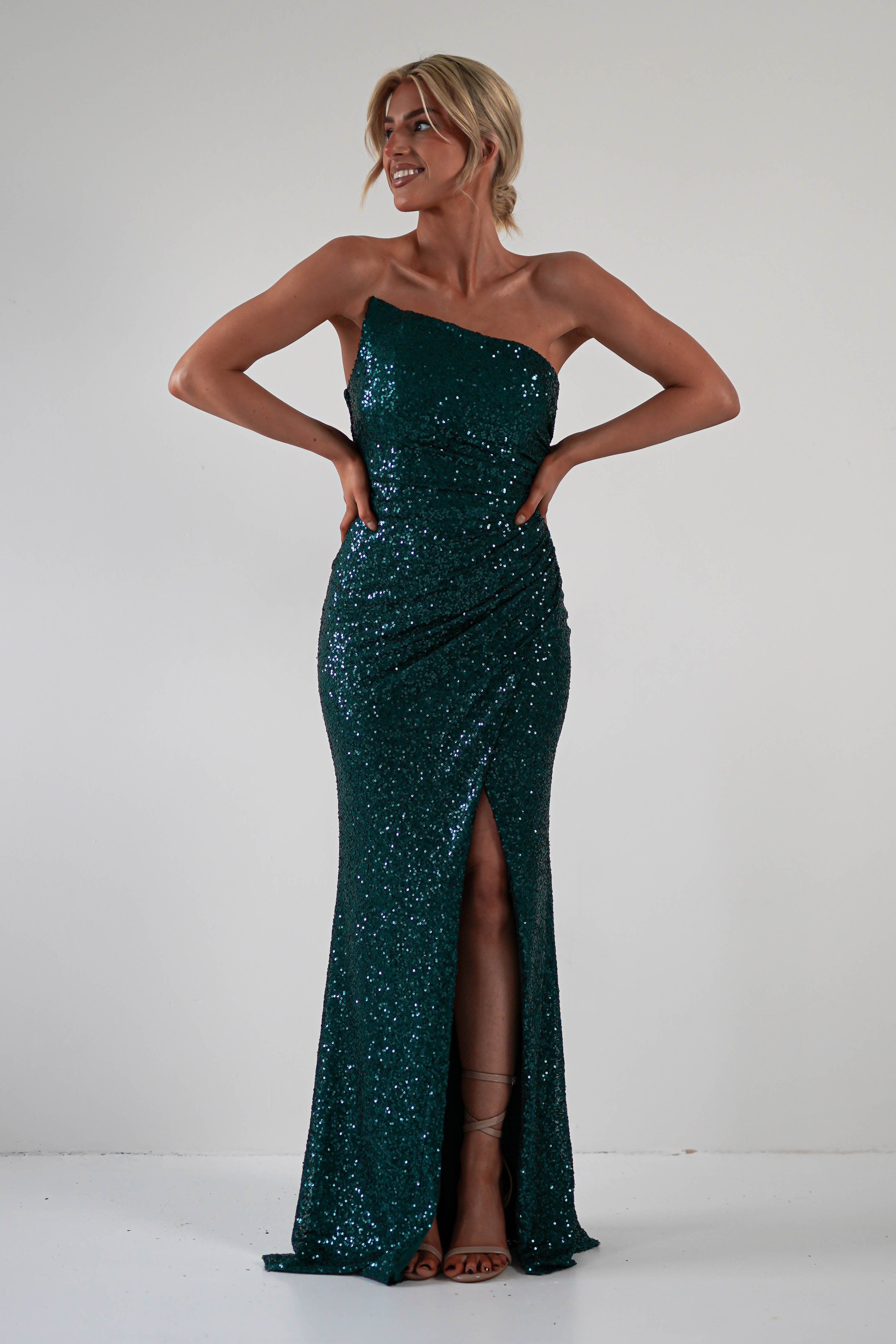 Mabel Strapless Sequin Gown | Emerald Green - Oh Hello Clothing