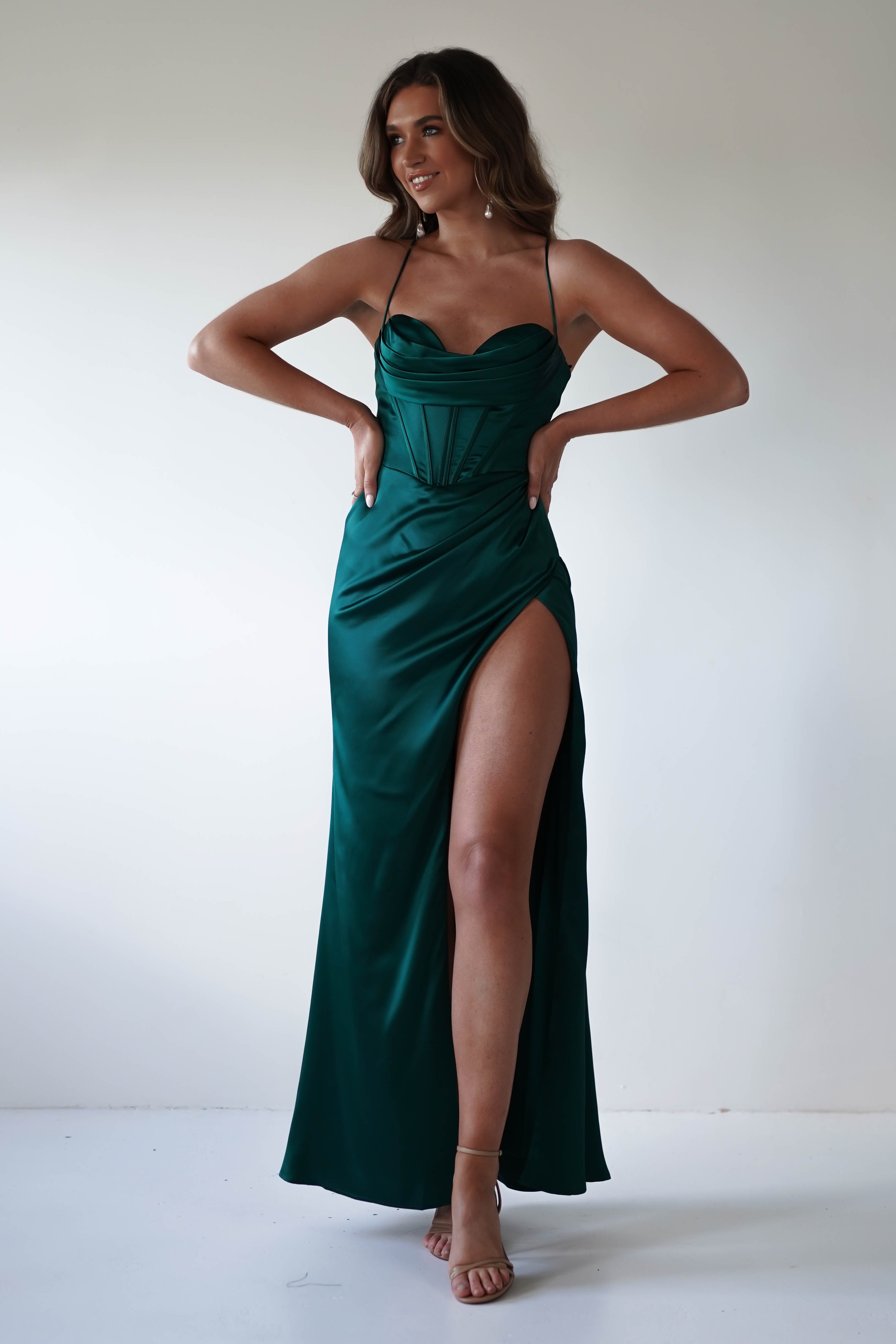 Julianne Corset Satin Gown | Emerald Green | Oh Hello Clothing | XS (6)