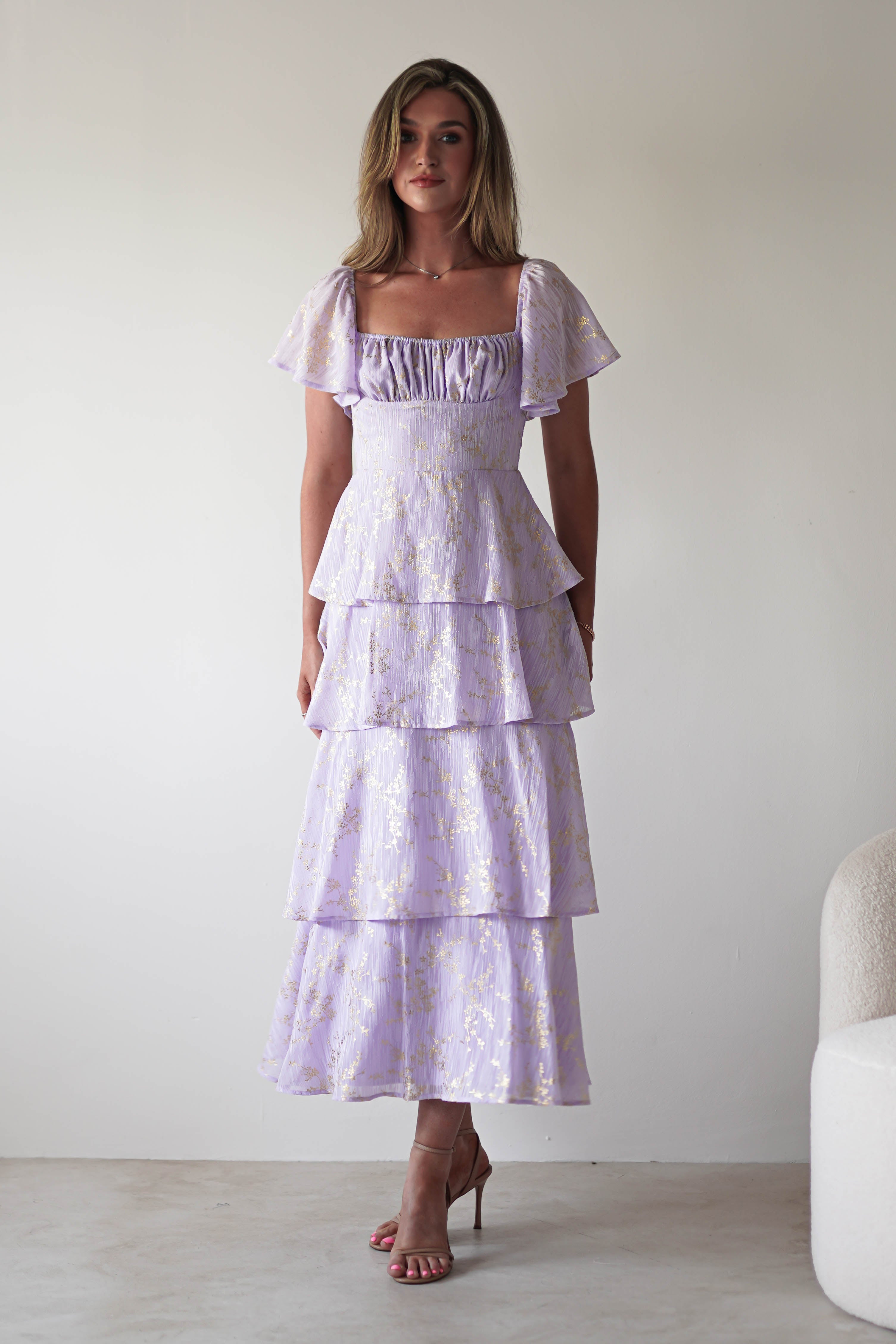 Mirielle Gold Detail Ruffle Maxi Dress | Lilac | Oh Hello Clothing | XS (6)