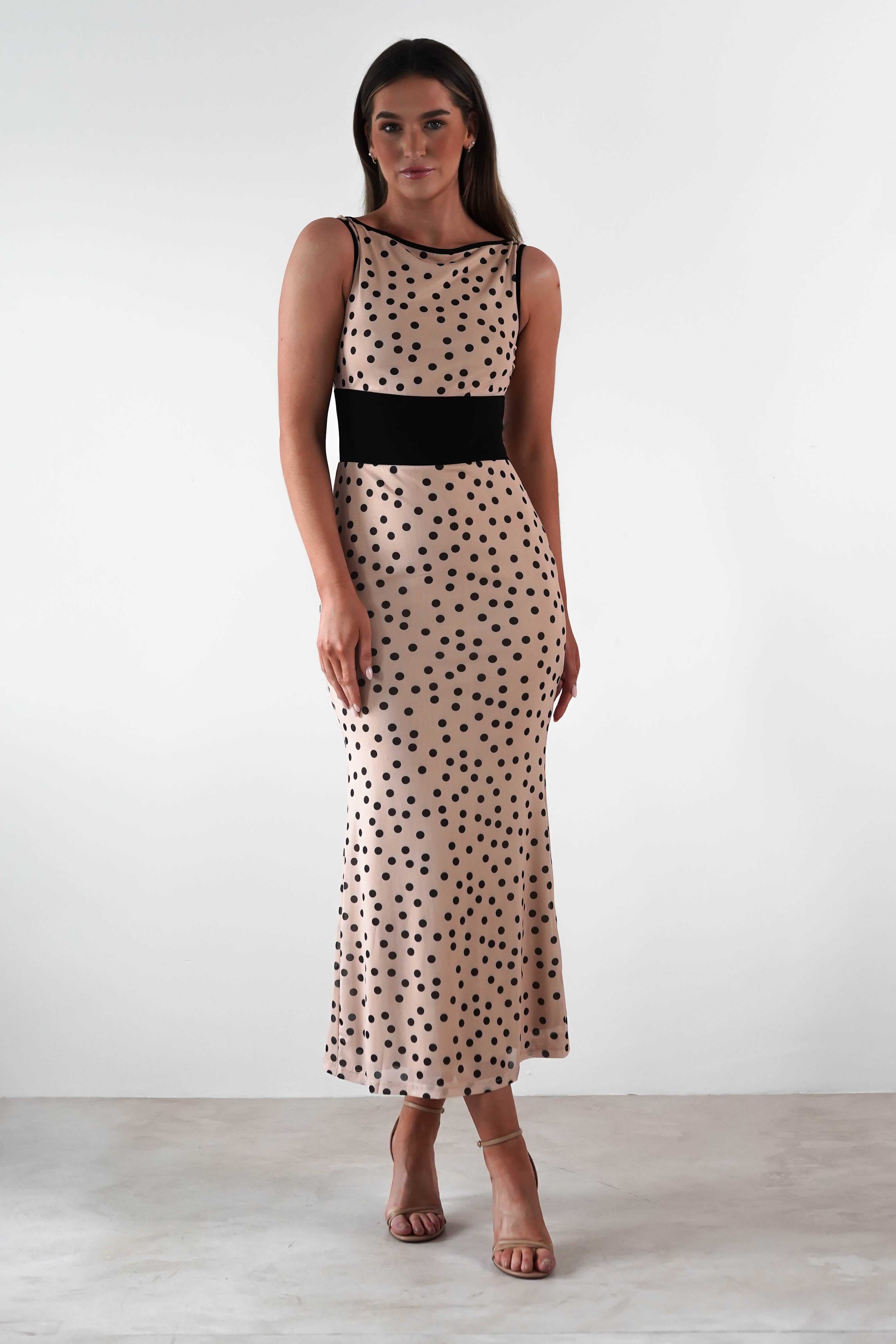 Bianca Polka Dot Mesh Maxi Dress | Beige | Oh Hello Clothing | XS (6)