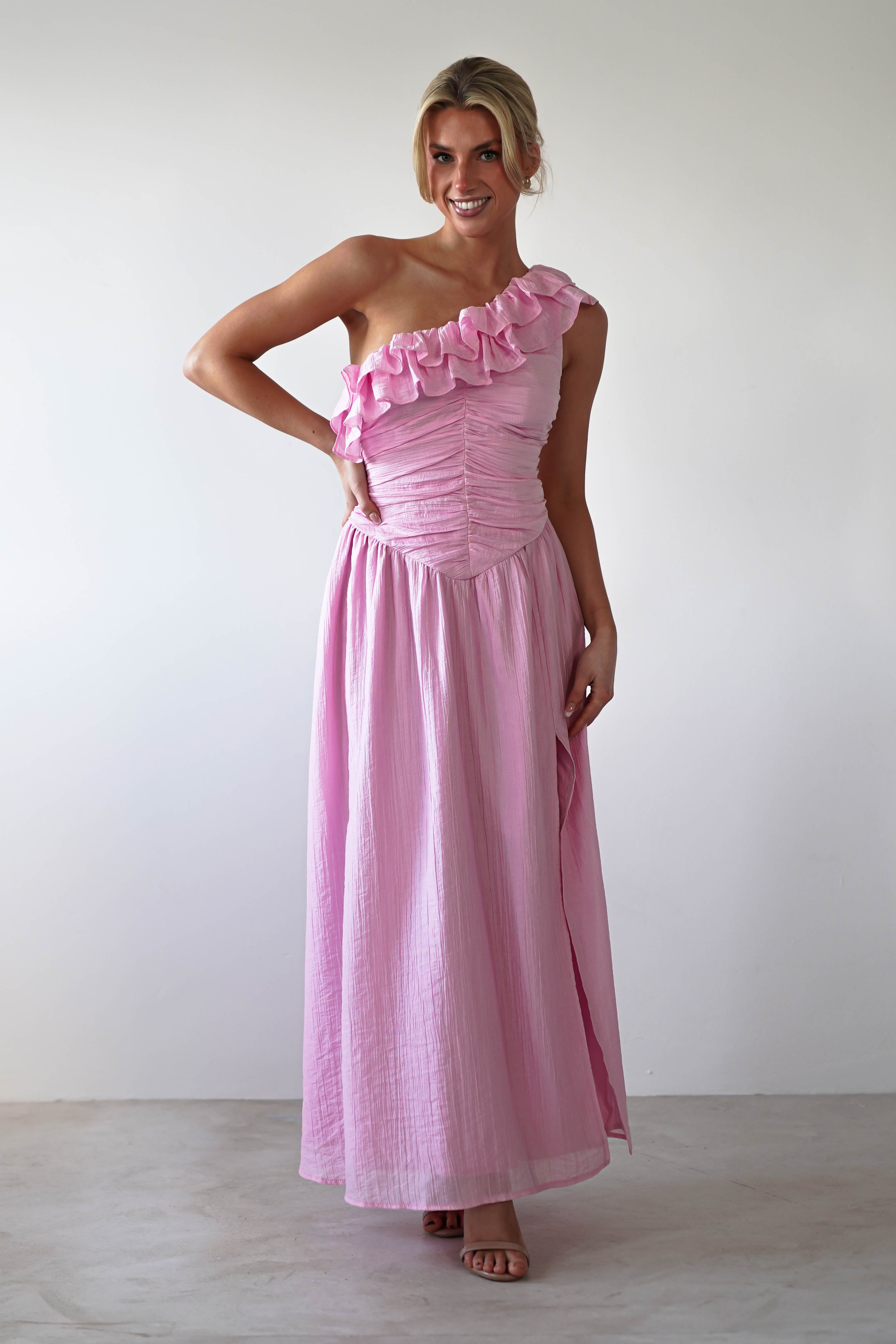 Jamie Ruffle One Shoulder Midaxi | Pink - Oh Hello Clothing